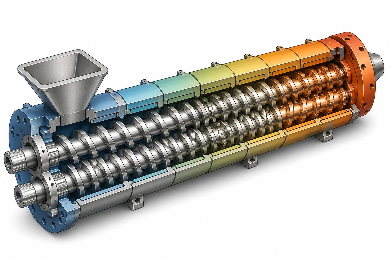 cutaway view of twin intermeshing screws inside an extruder barrel illustrating the processing zones from feed to discharge