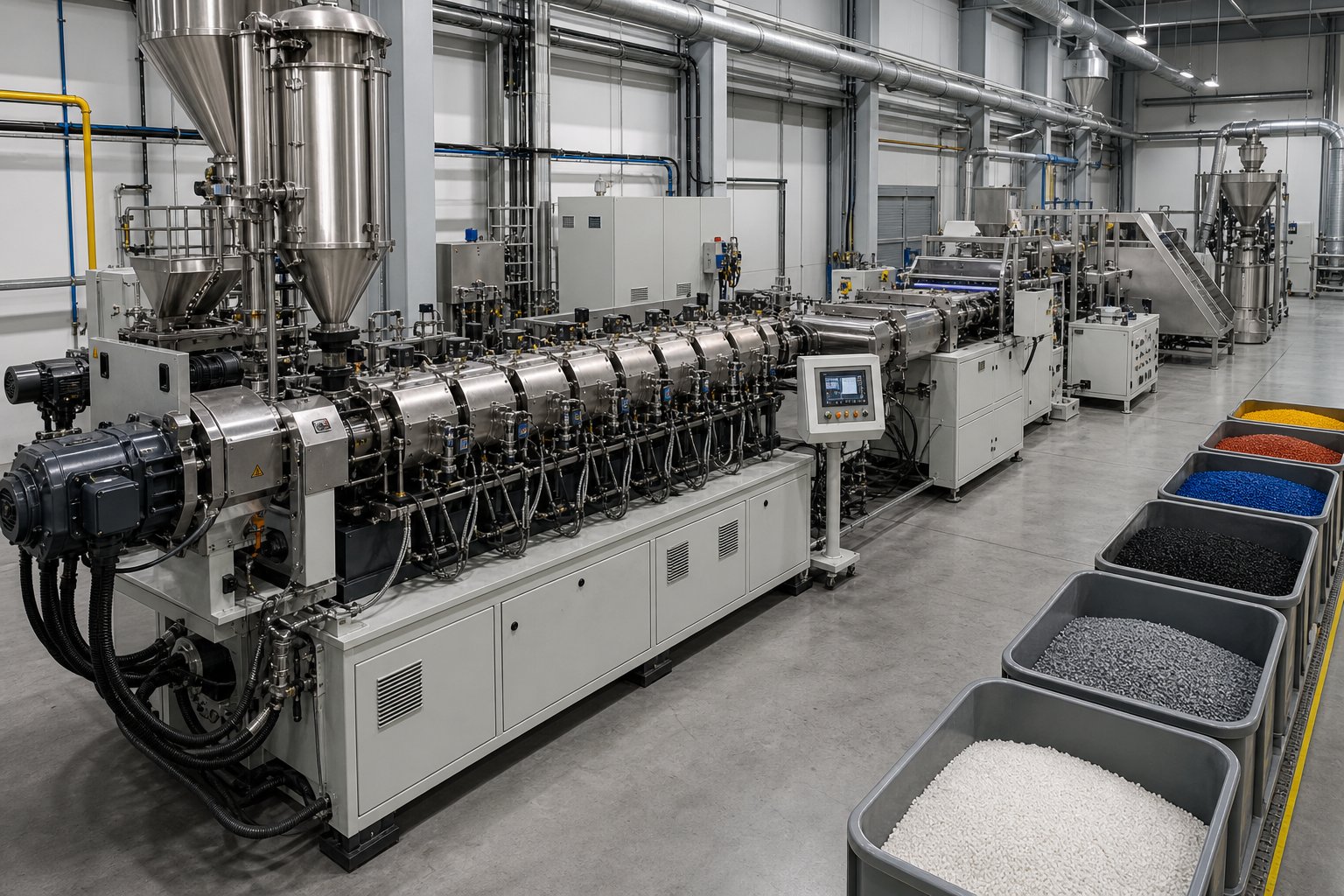 industrial twin screw extruder compounding line producing polymer pellets in a modern plastics manufacturing facility