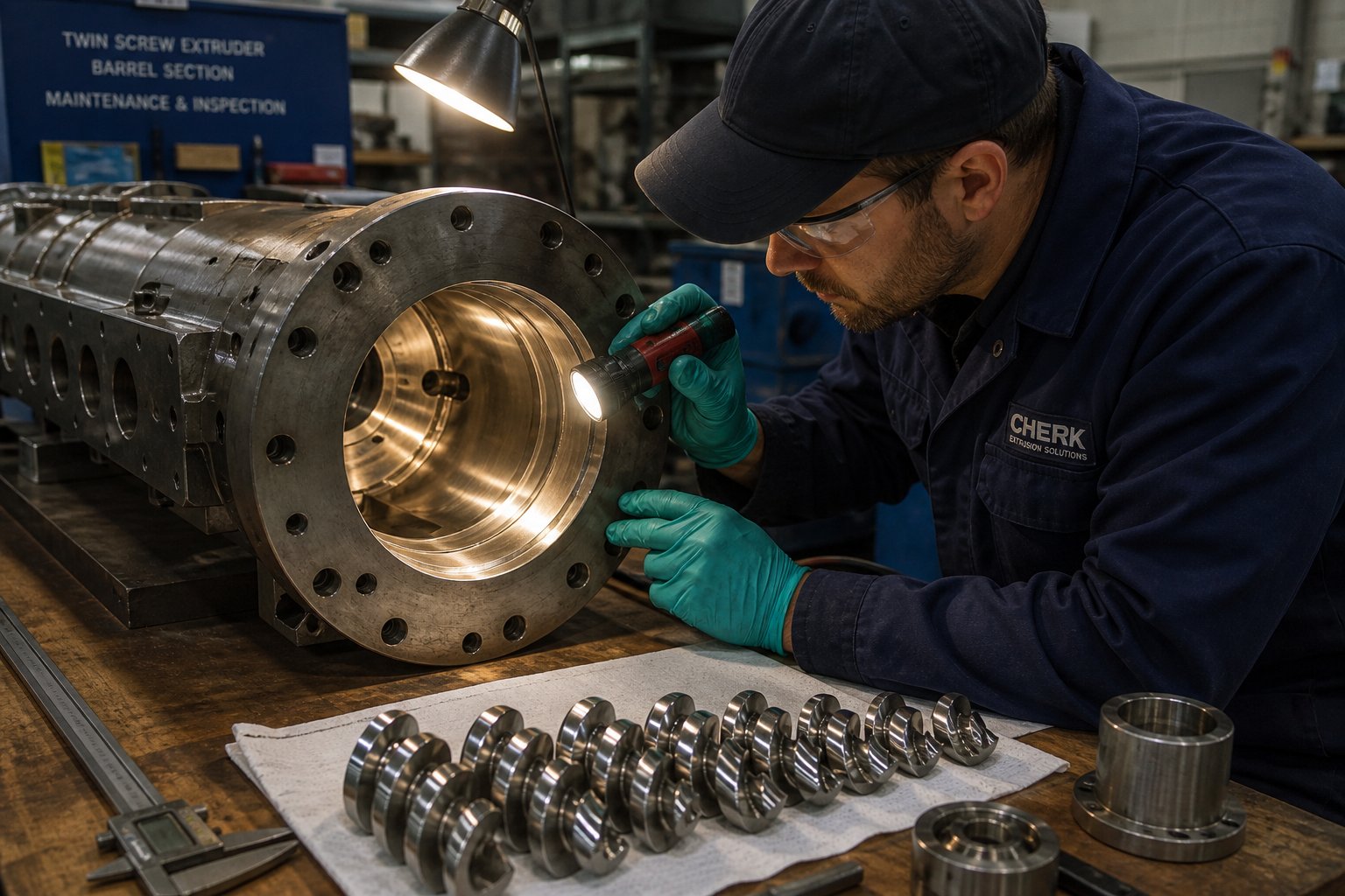 technician inspecting a twin screw extruder barrel and screw elements during scheduled maintenance