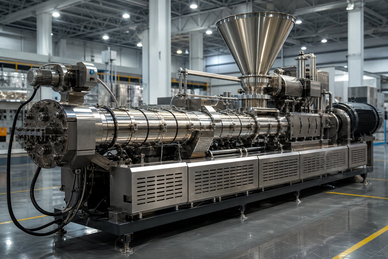 twin screw extruder granulator on a modern production floor showing modular barrel sections and feed hopper