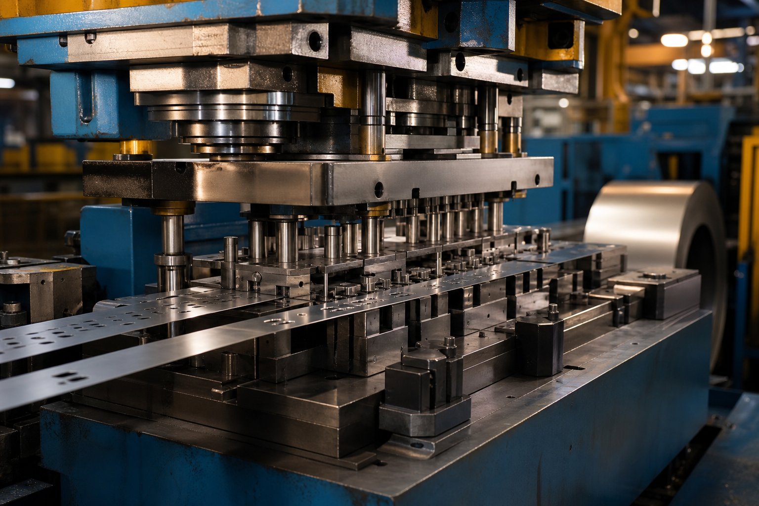 a progressive die stamping press producing precision metal parts through multi station tooling in a manufacturing facility