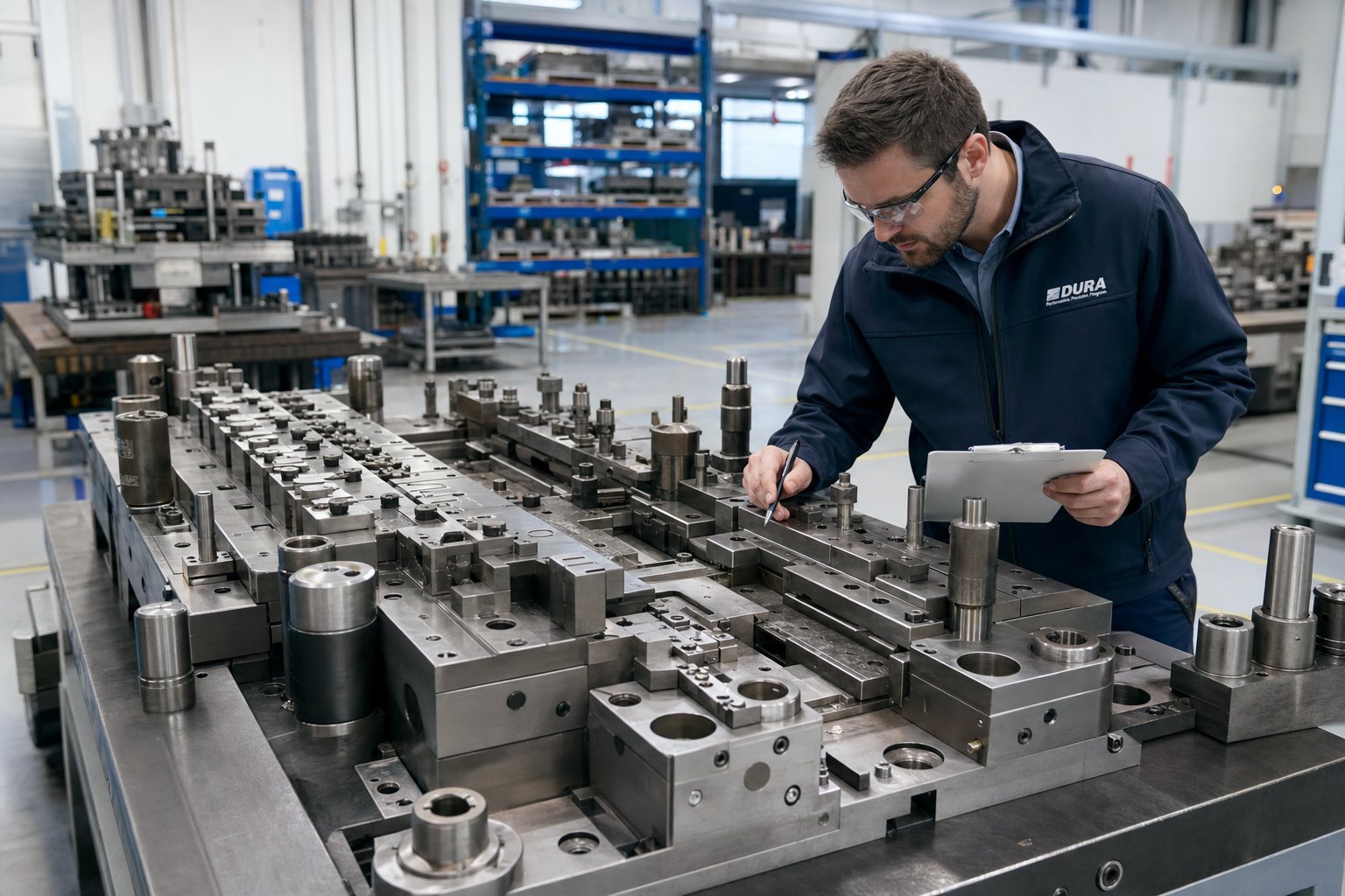 engineer evaluating progressive die tooling during a supplier facility audit in a vertically integrated tool room