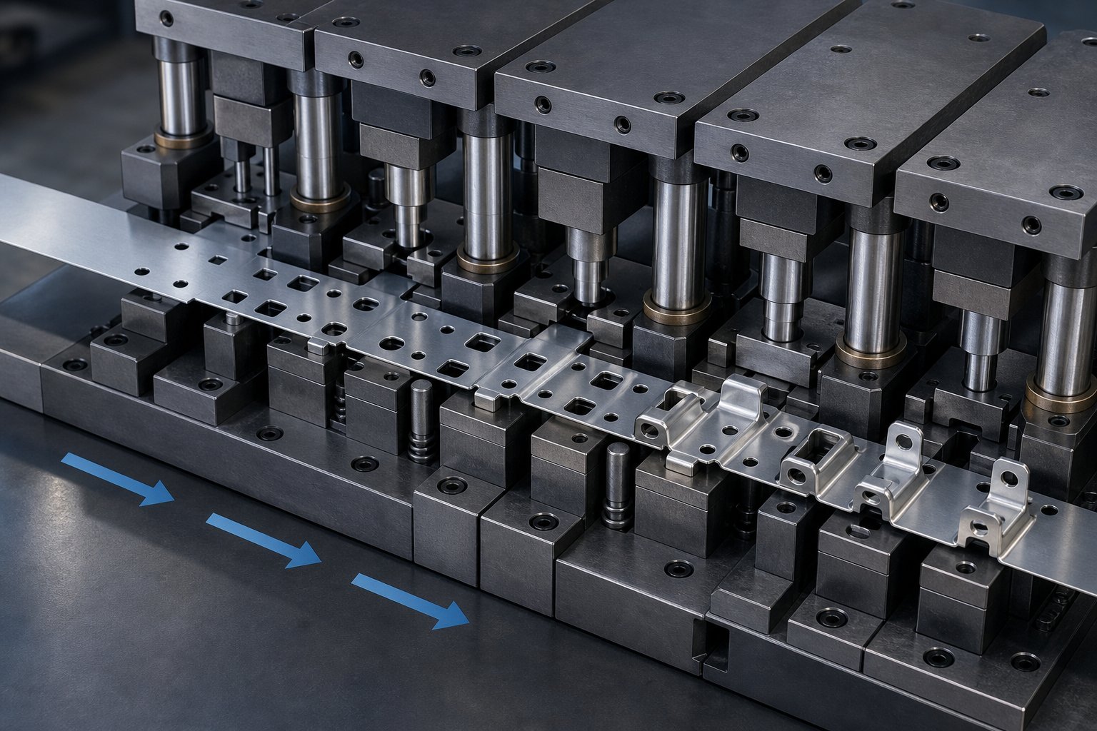 metal strip advancing through sequential progressive die stations from coil feed to finished part ejection