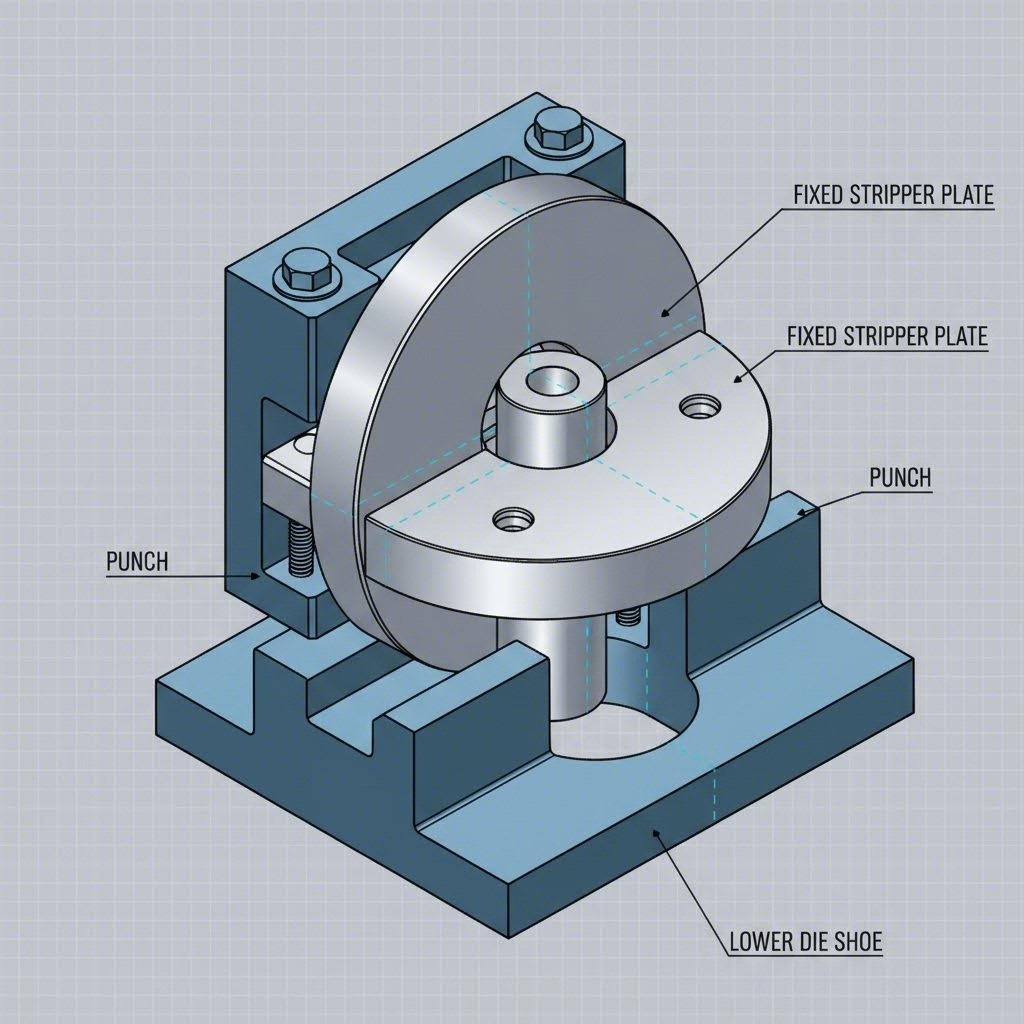 fixed stripper plate design showing rigid mounting for consistent thin material stamping