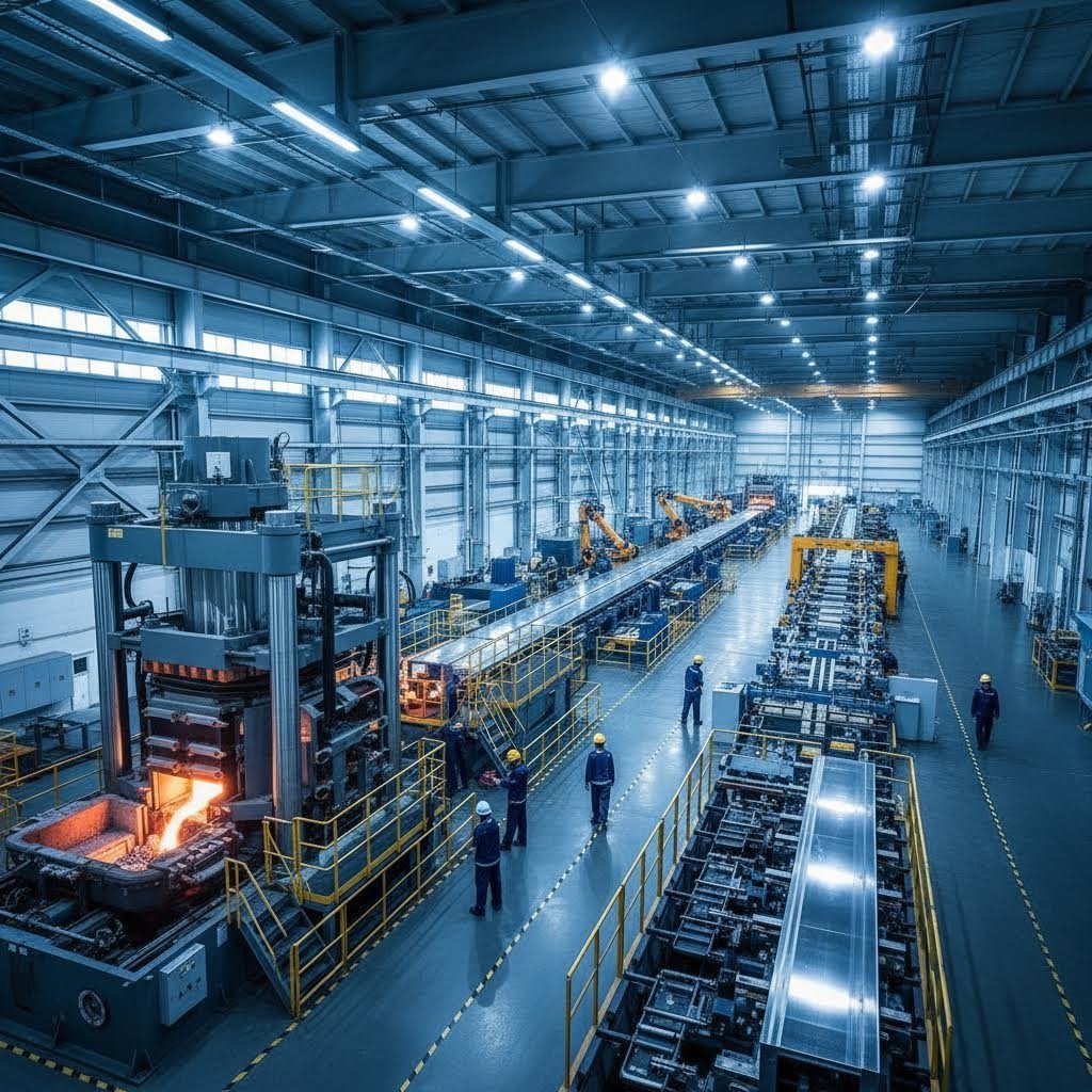 modern aluminum extrusion facility with hydraulic presses and integrated processing capabilities
