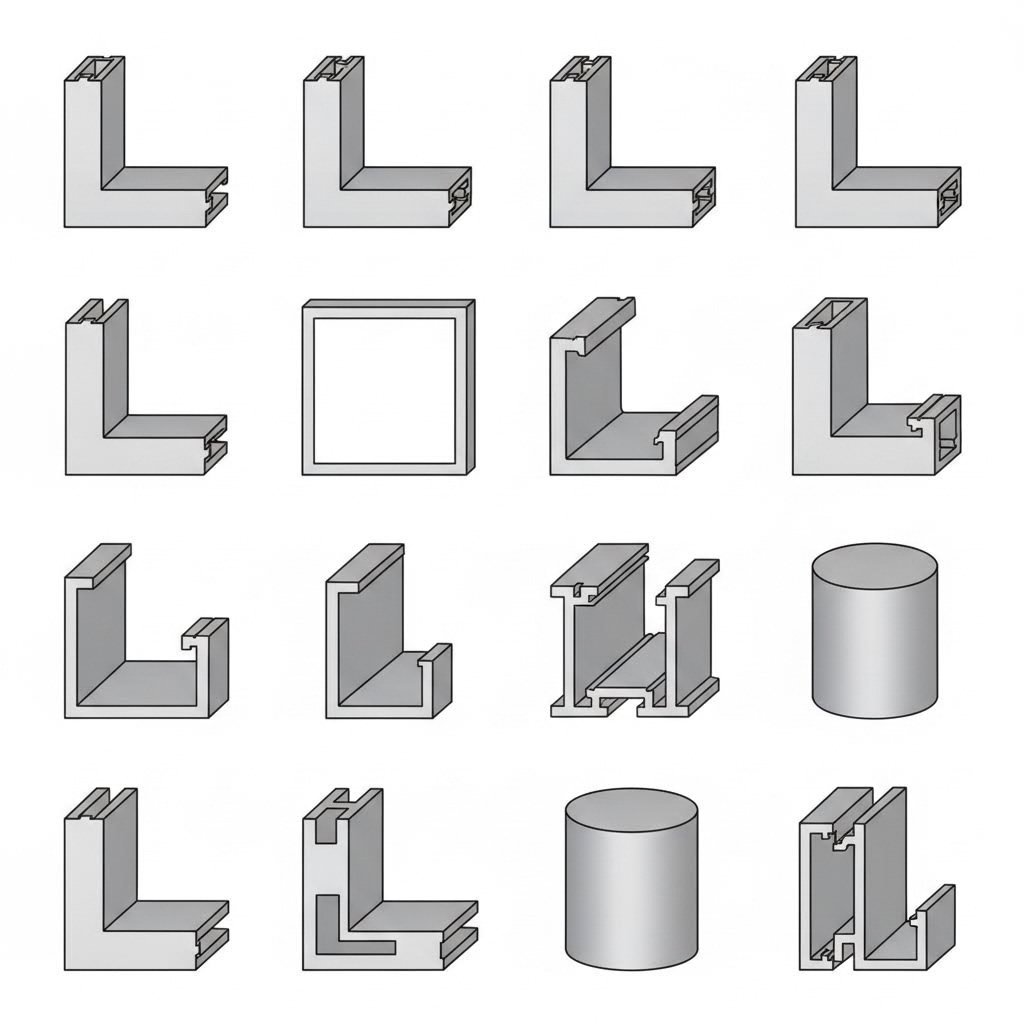 standard aluminum extrusion profile types including angles channels tubes and t slot framing sections