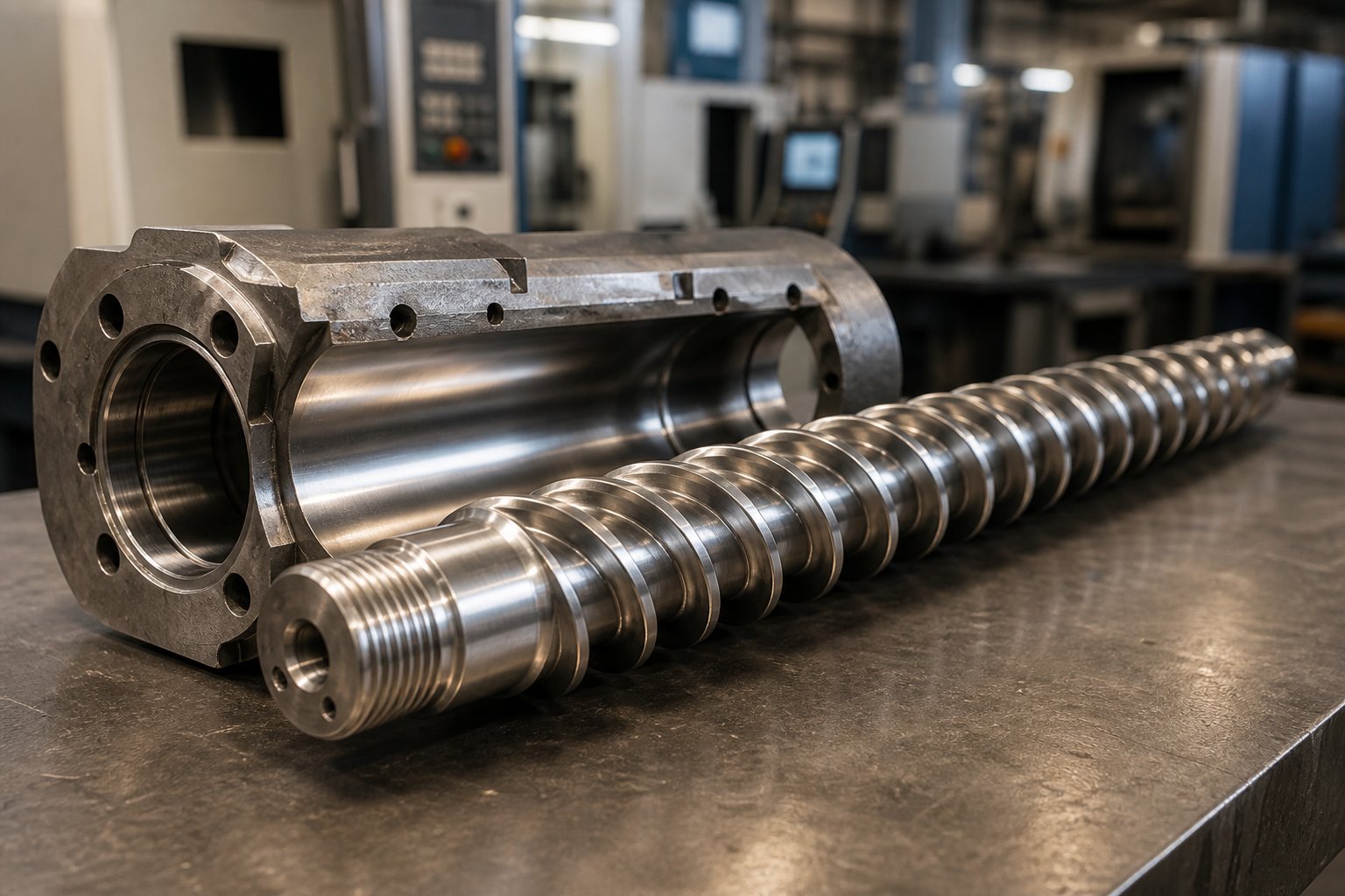 a precision engineered custom screw barrel system with tailored flight geometry and matched barrel lining