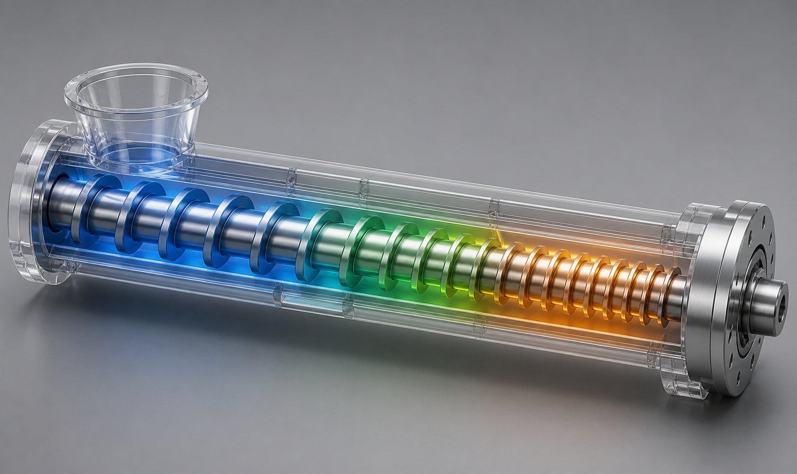 cutaway view of the three functional zones %E2%80%94 feed transition and metering %E2%80%94 on a plasticating screw