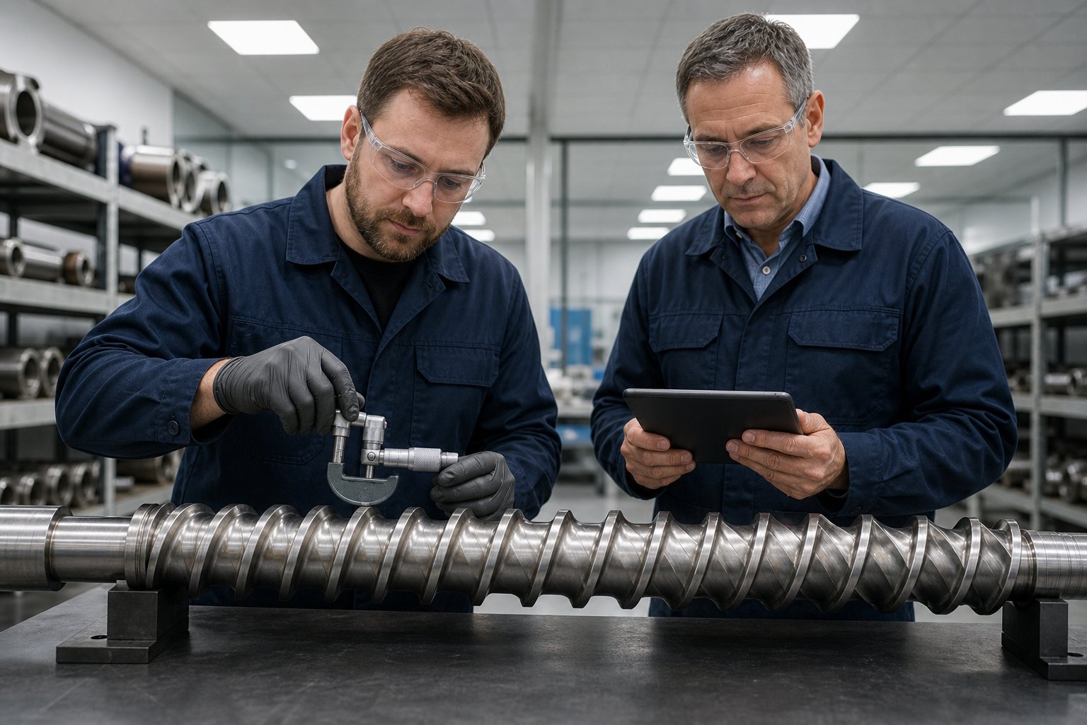engineers inspecting screw wear patterns and flight dimensions during a collaborative design review