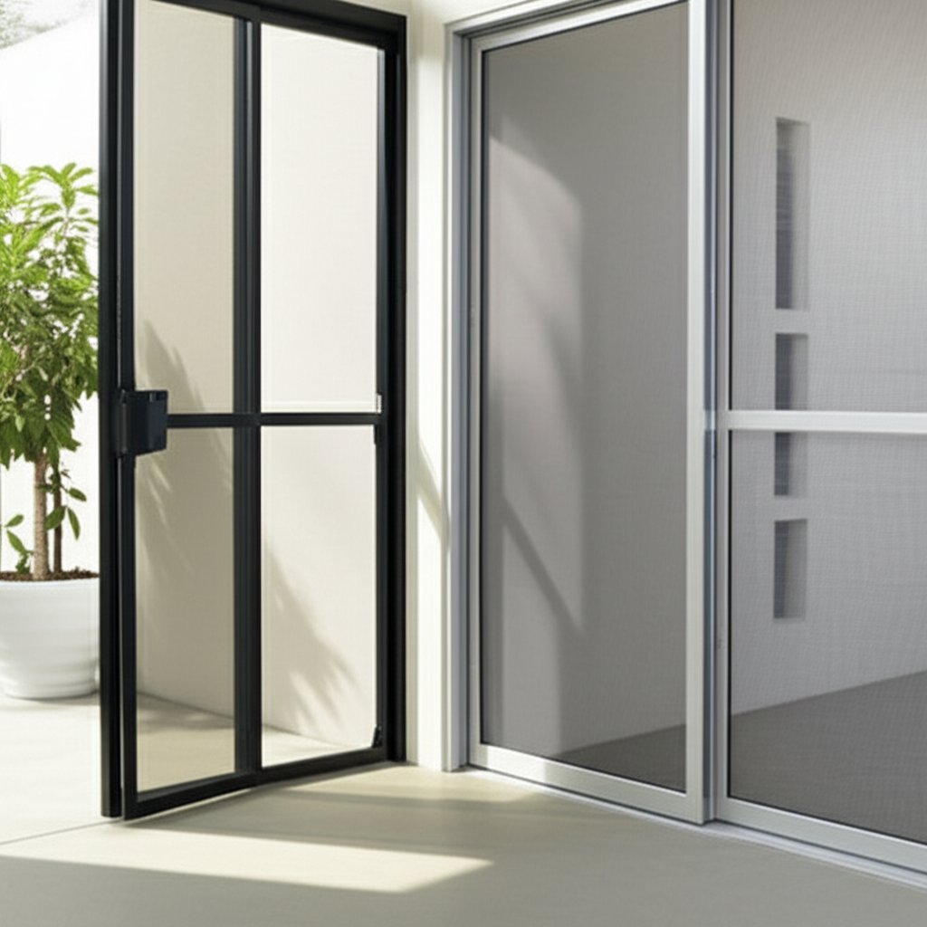 a selection of aluminum screen doors for modern homes showcasing hinged sliding and retractable designs