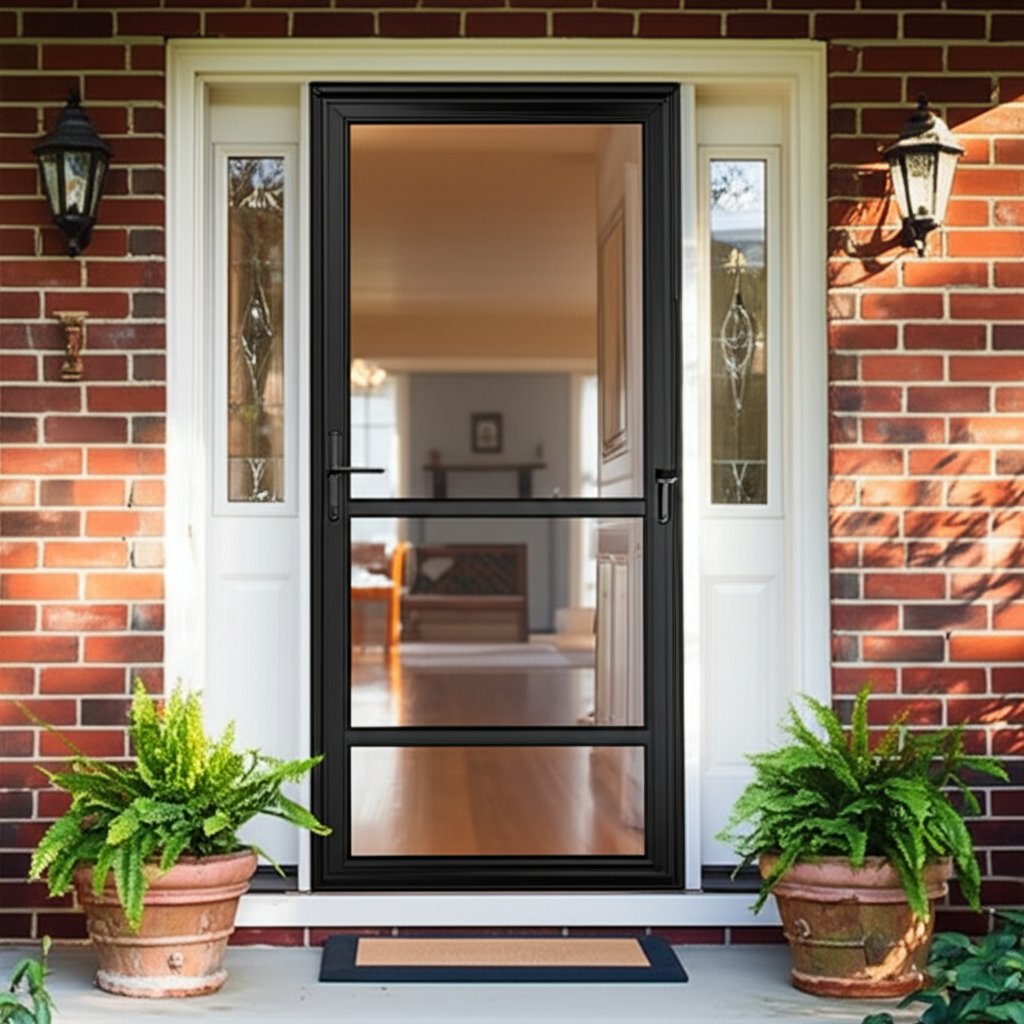 aluminum storm screen door with integrated glass and retractable screen at a home's front entry