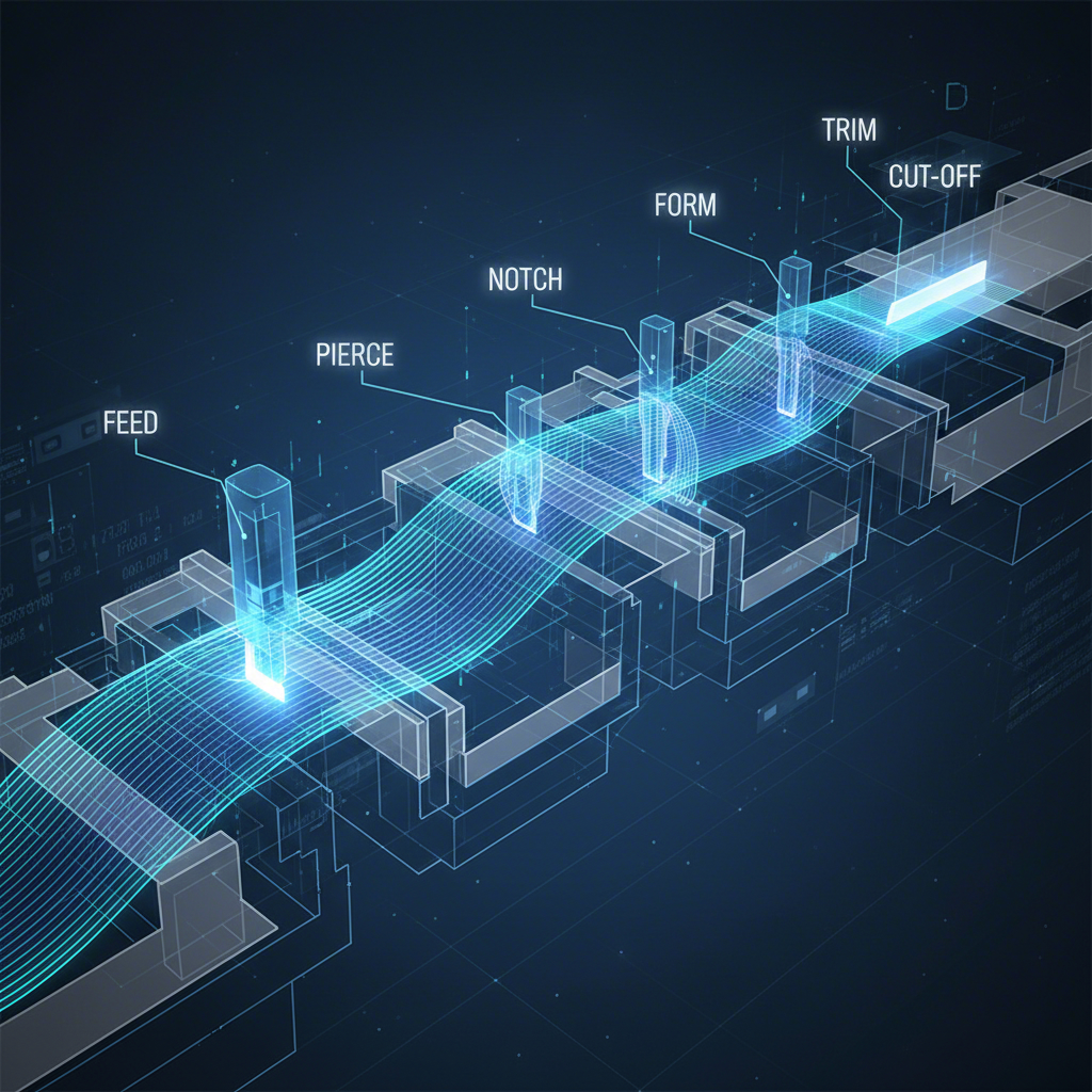 conceptual diagram of a progressive die stamping process