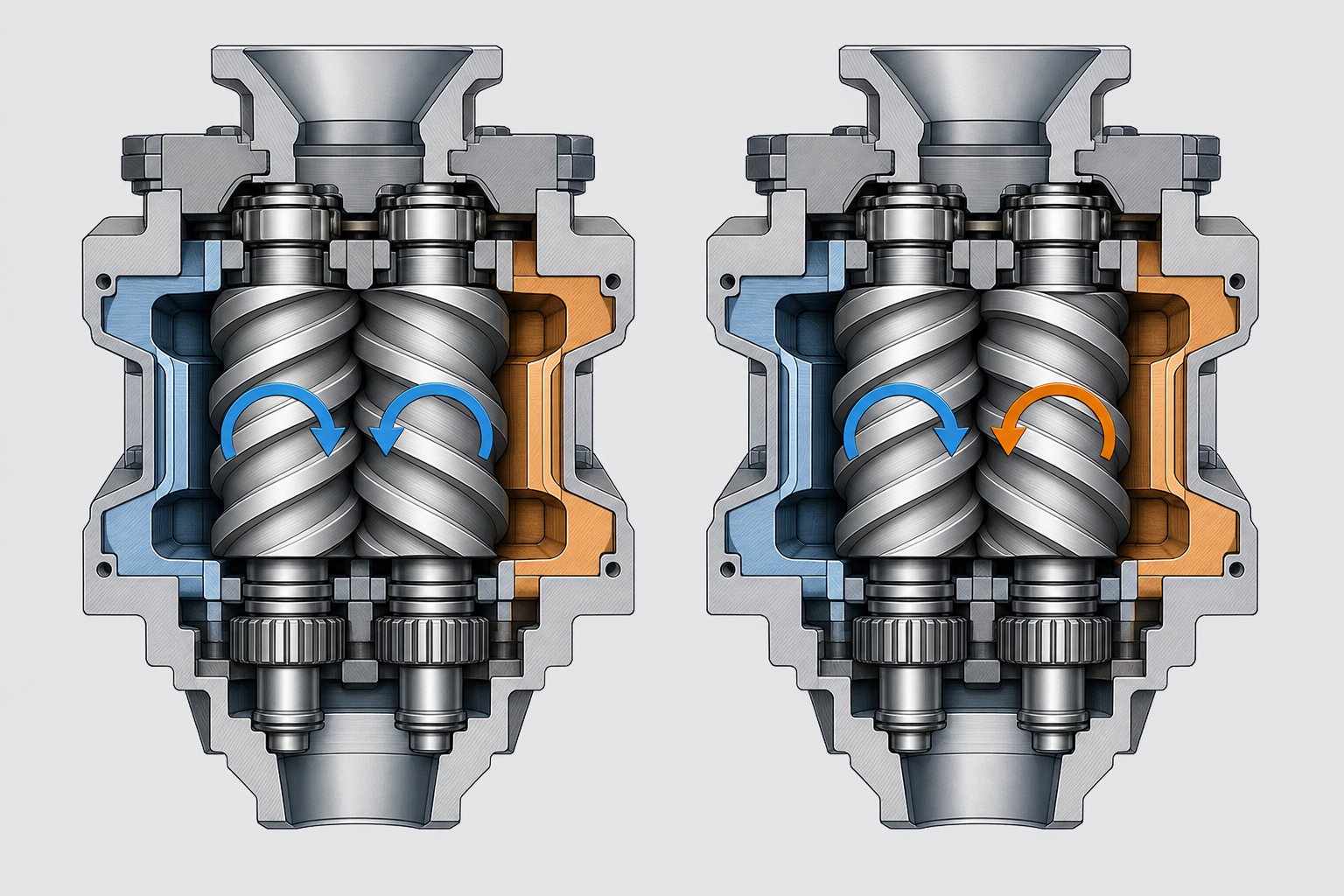 co rotating vs counter rotating twin screw configurations %E2%80%94 the direction of screw rotation defines mixing intensity and application suitability
