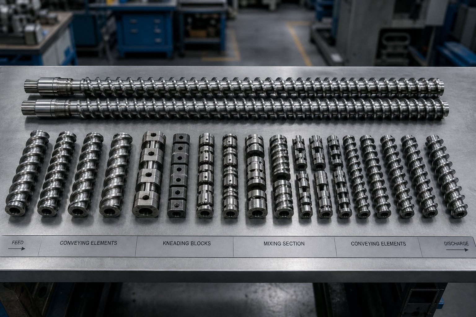 modular screw elements for a twin screw extruder %E2%80%94 conveying elements kneading blocks and mixing sections that define process performance