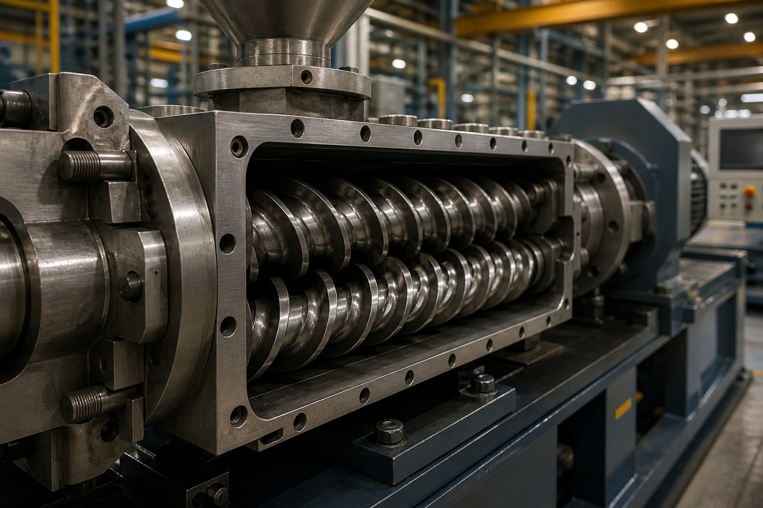 twin screw extruder with intermeshing screws visible inside the barrel %E2%80%94 the modular design that drives modern compounding operations
