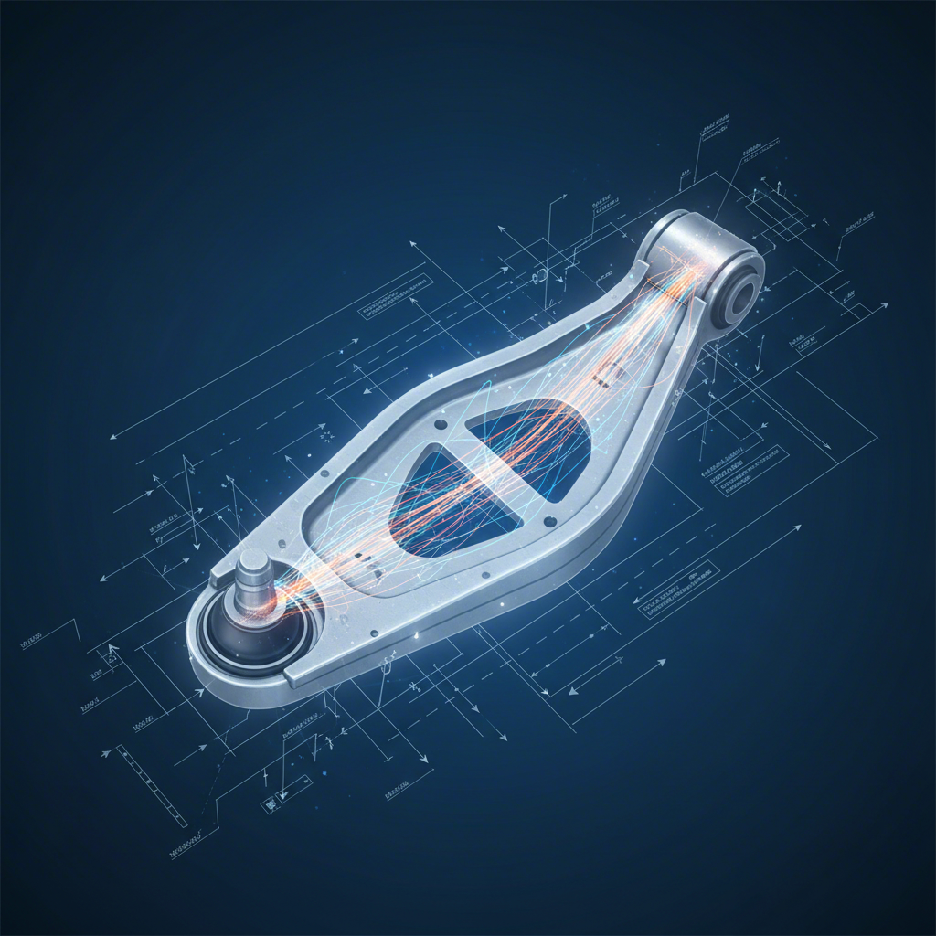 an engineering diagram showing stress analysis on a stamped steel control arm