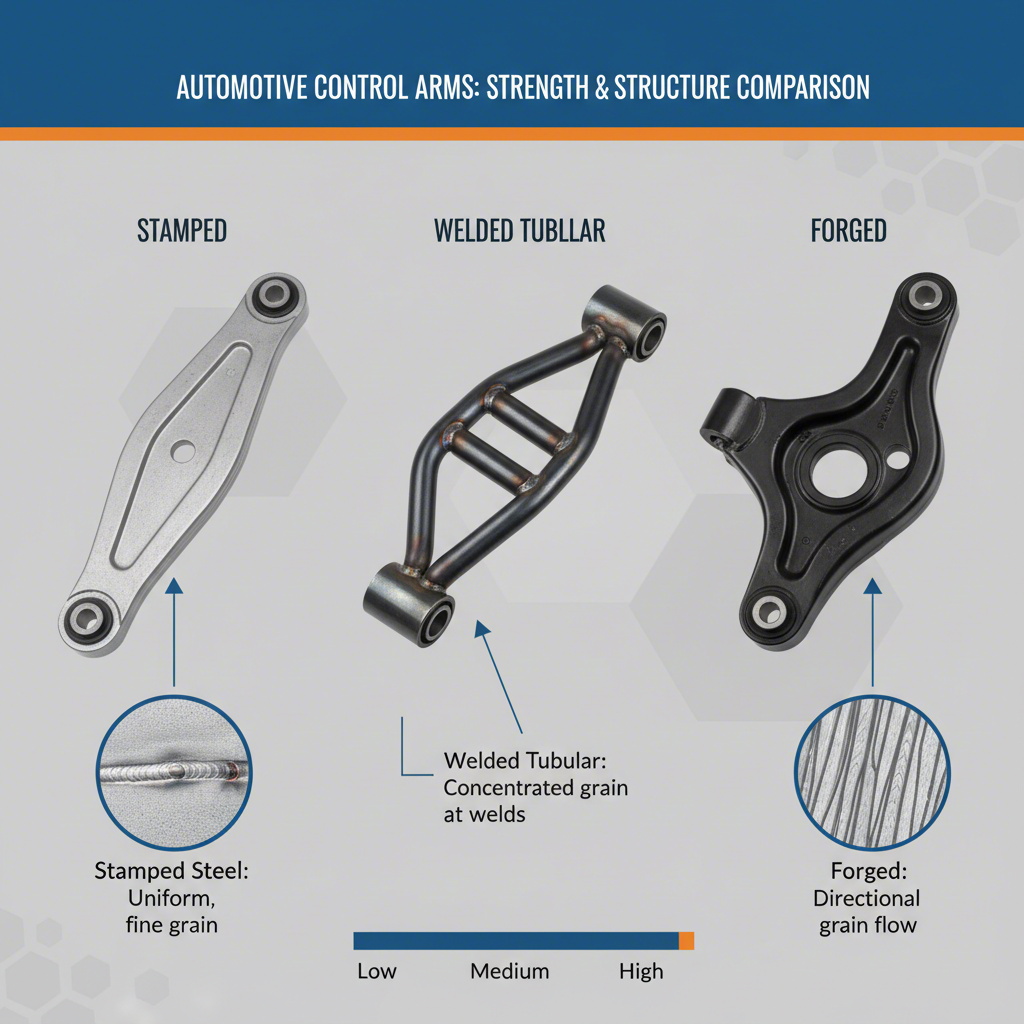 comparison of stamped tubular and forged suspension control arm designs