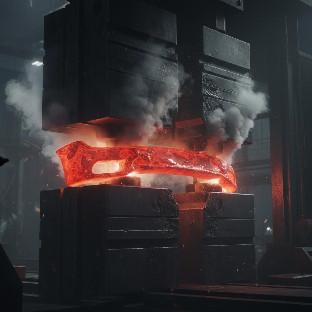 Glowing bumper reinforcement undergoing hot stamping process