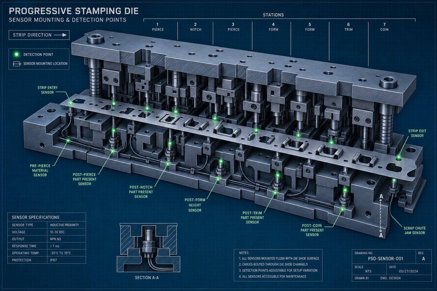strategic sensor placement at critical detection points within a progressive stamping die ensures reliable fault detection at every station