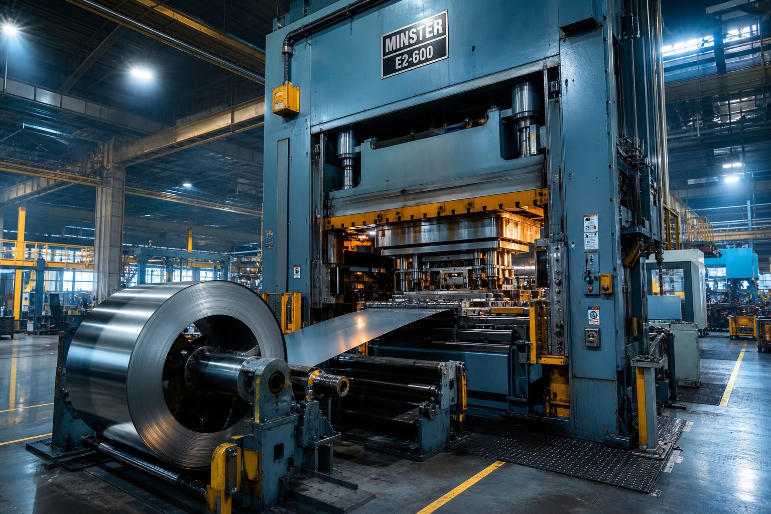 a die stamping press transforming sheet metal into precision engineered components on the factory floor