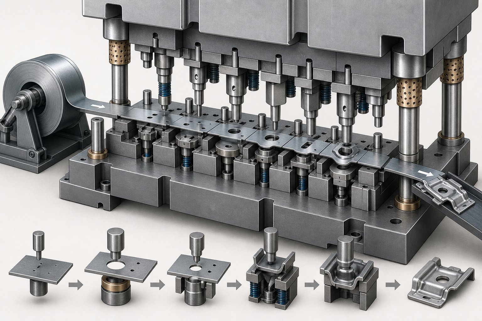 progressive die stamping advances a metal strip through multiple forming stations in a single press