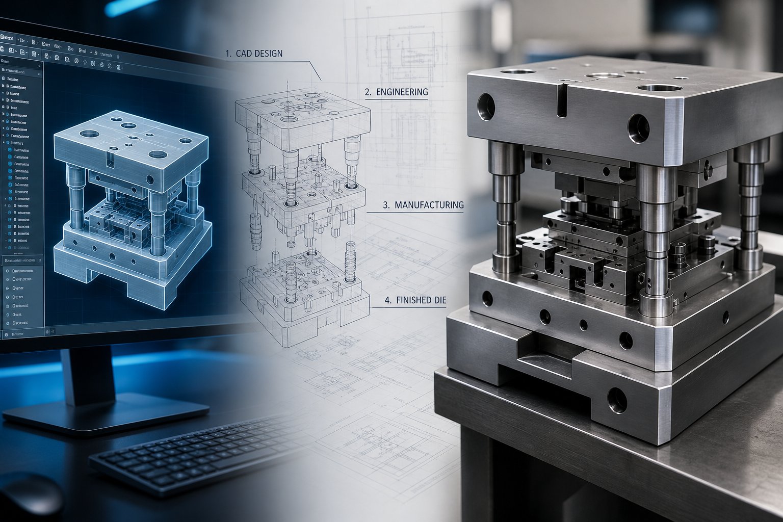 the die stamping workflow bridges digital cad design and precision machined physical tooling