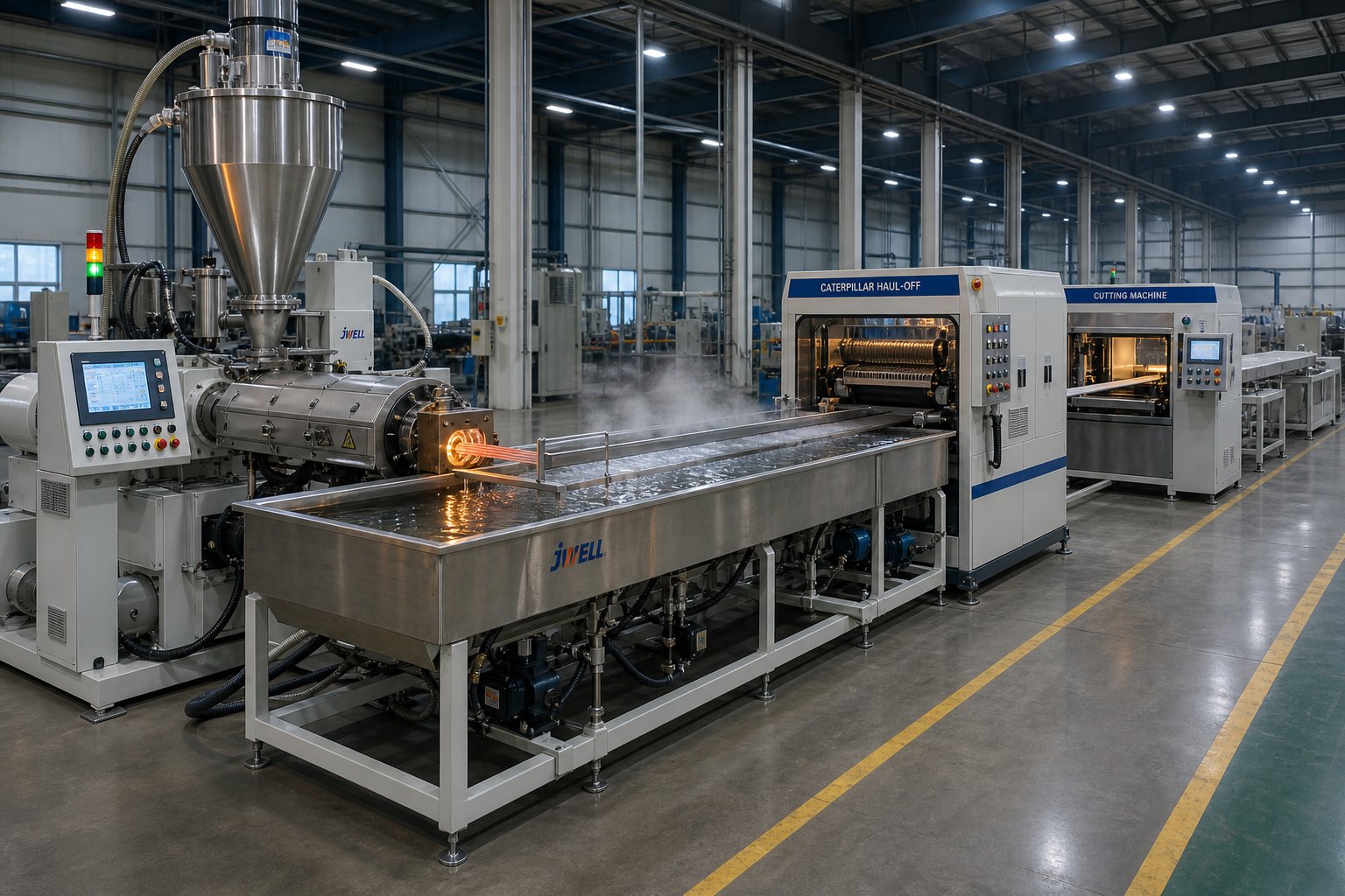 a complete plastic extrusion line from extruder to cutter %E2%80%94 every downstream component must match the screw's output for consistent product quality