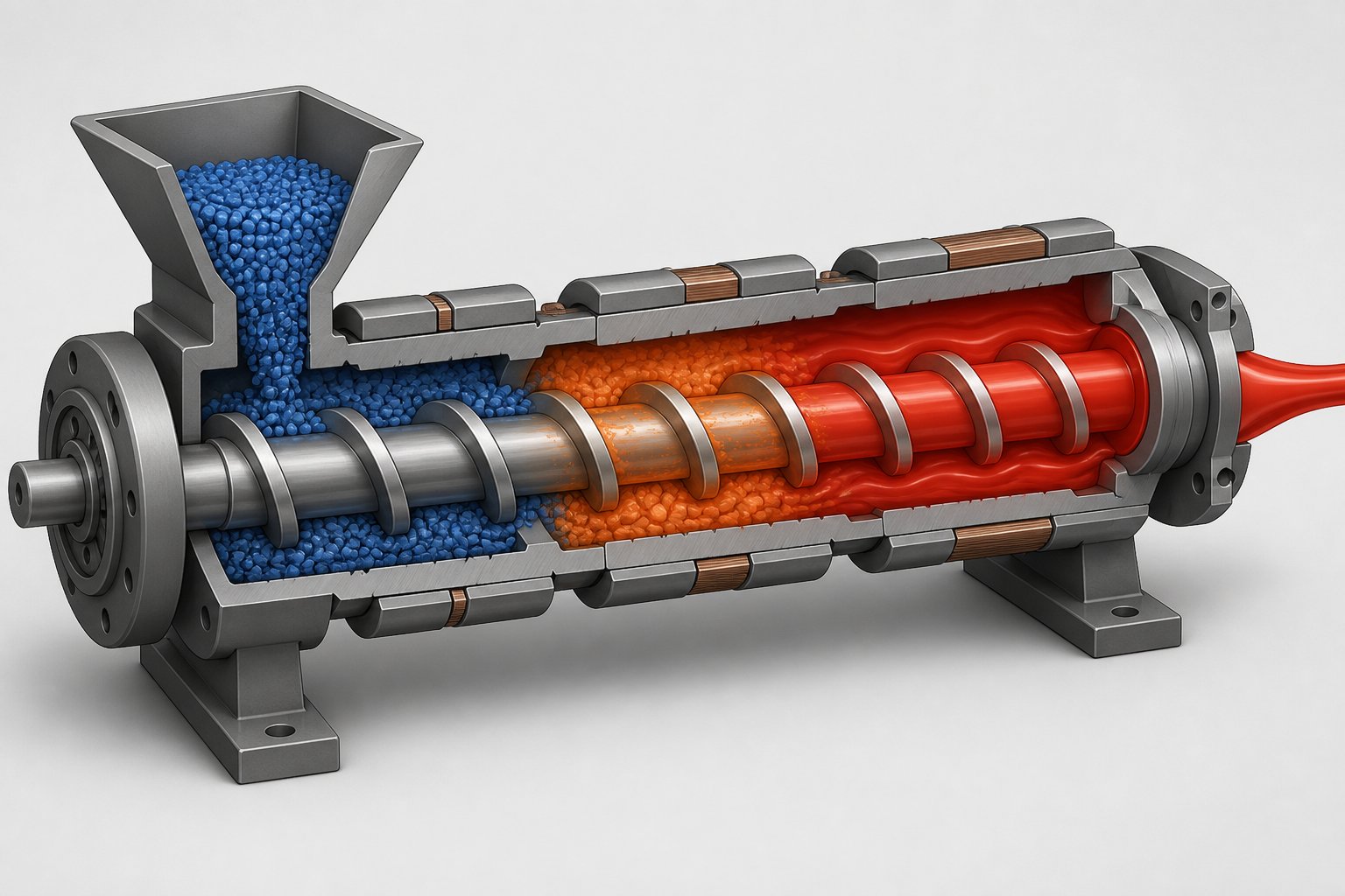 cutaway view of the three functional zones inside a screw plastic extruder feed compression and metering