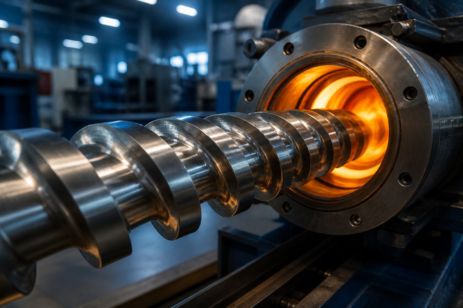 precision machined extrusion screw entering a heated barrel the core component that drives melting