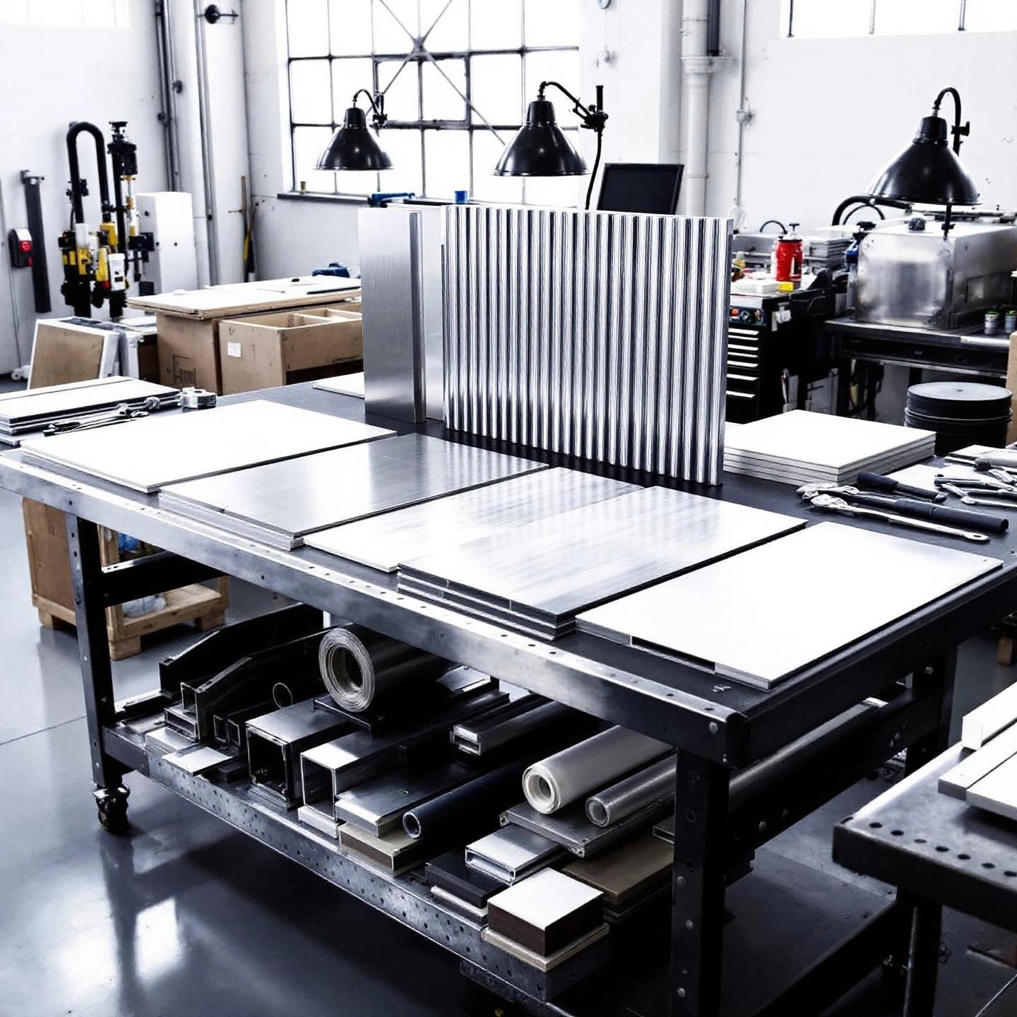 various types of aluminum sheet metal displayed in a modern workshop