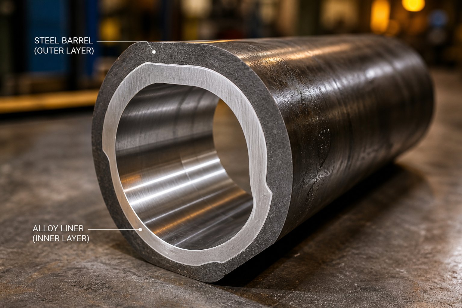 cross section view of a bimetallic screw barrel showing the wear resistant alloy liner bonded to the steel base