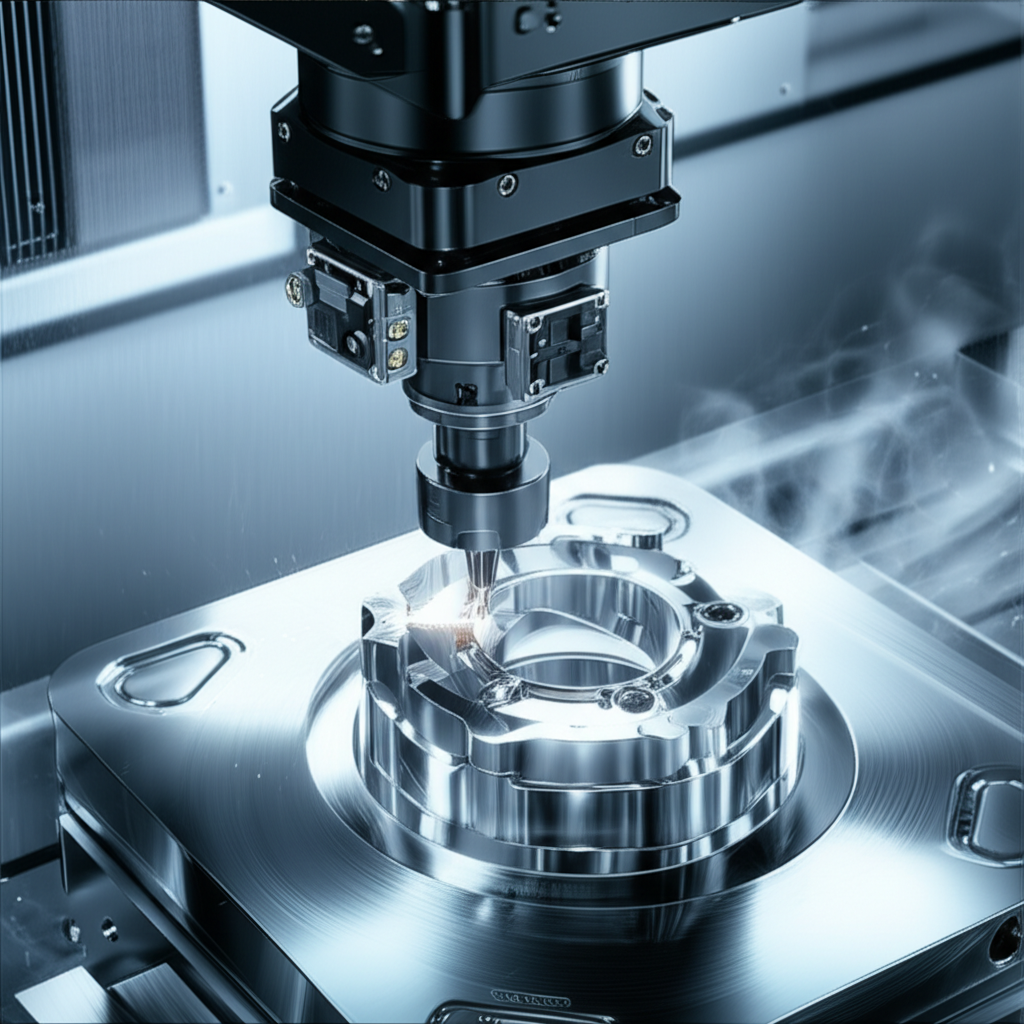 illustration of advanced cnc machinery producing a complex stainless steel part