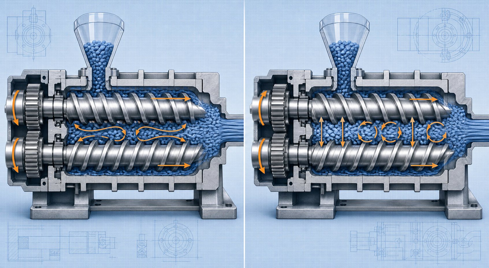 co rotating screws create a figure eight flow for high shear mixing while counter rotating screws generate calendering forces for gentler processing