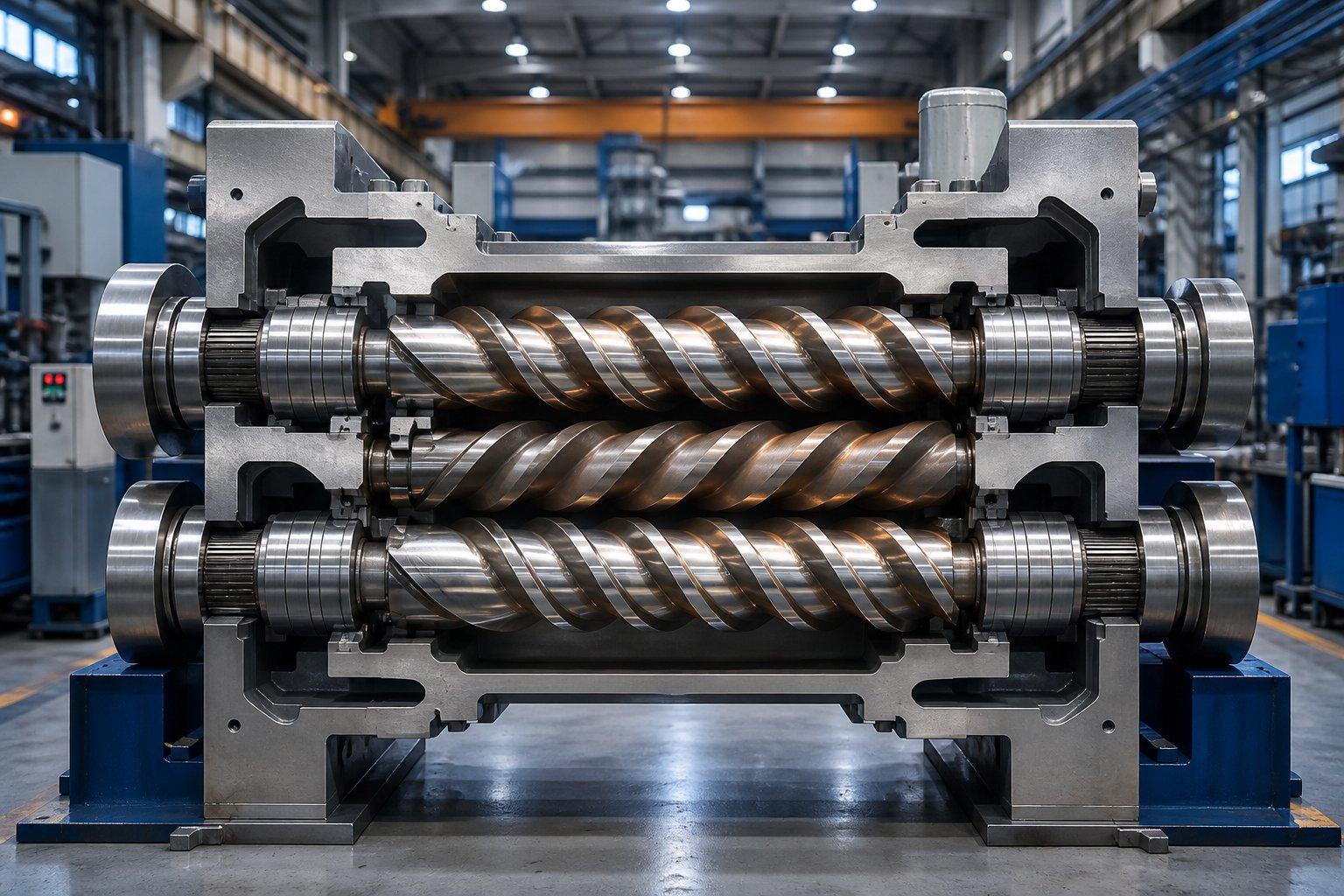 co rotating and counter rotating twin screw configurations inside a heated barrel illustrating the two fundamental rotation patterns in modern extrusion