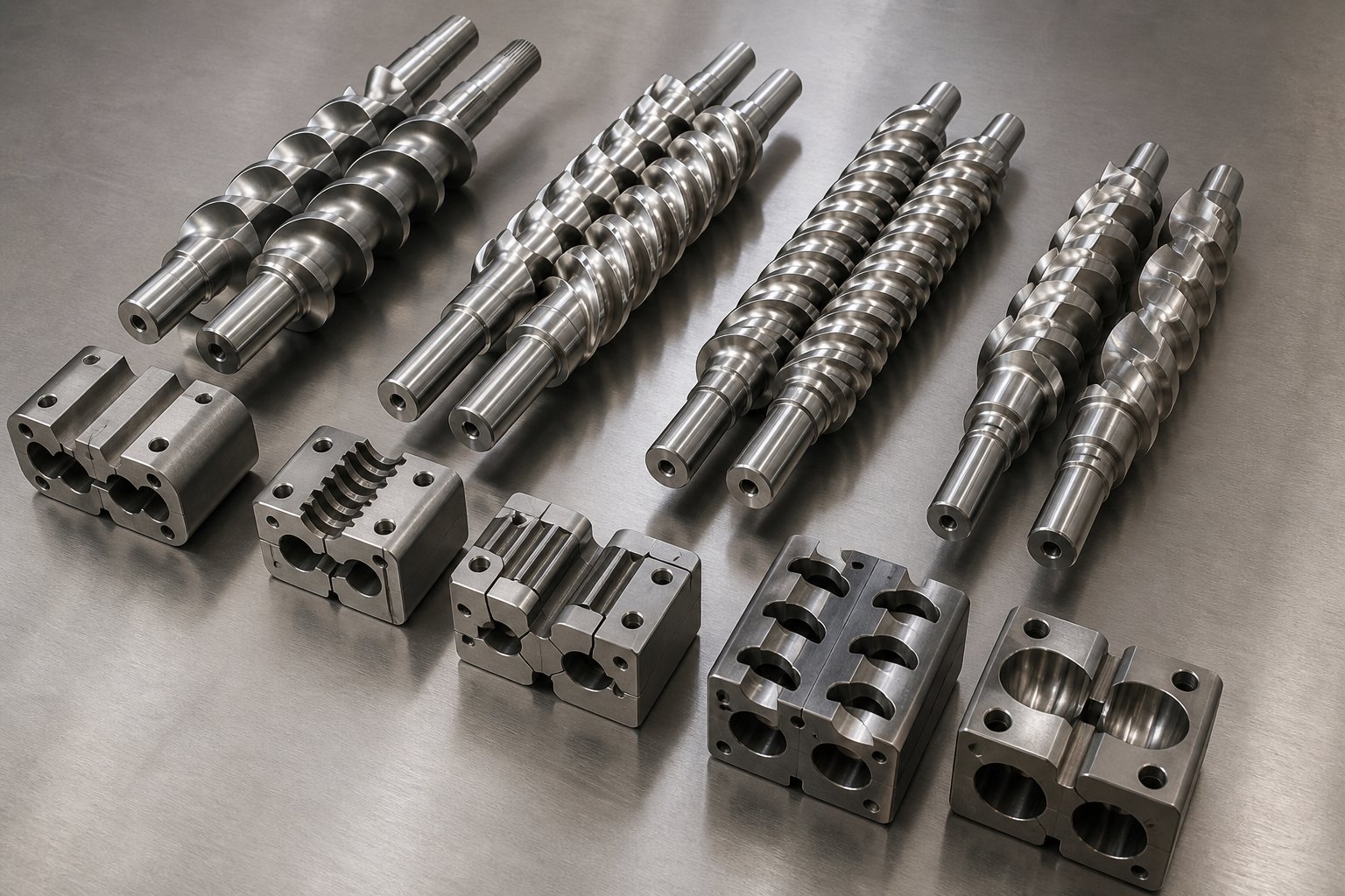 modular screw elements and kneading blocks used to configure twin screw extruders for different processing requirements