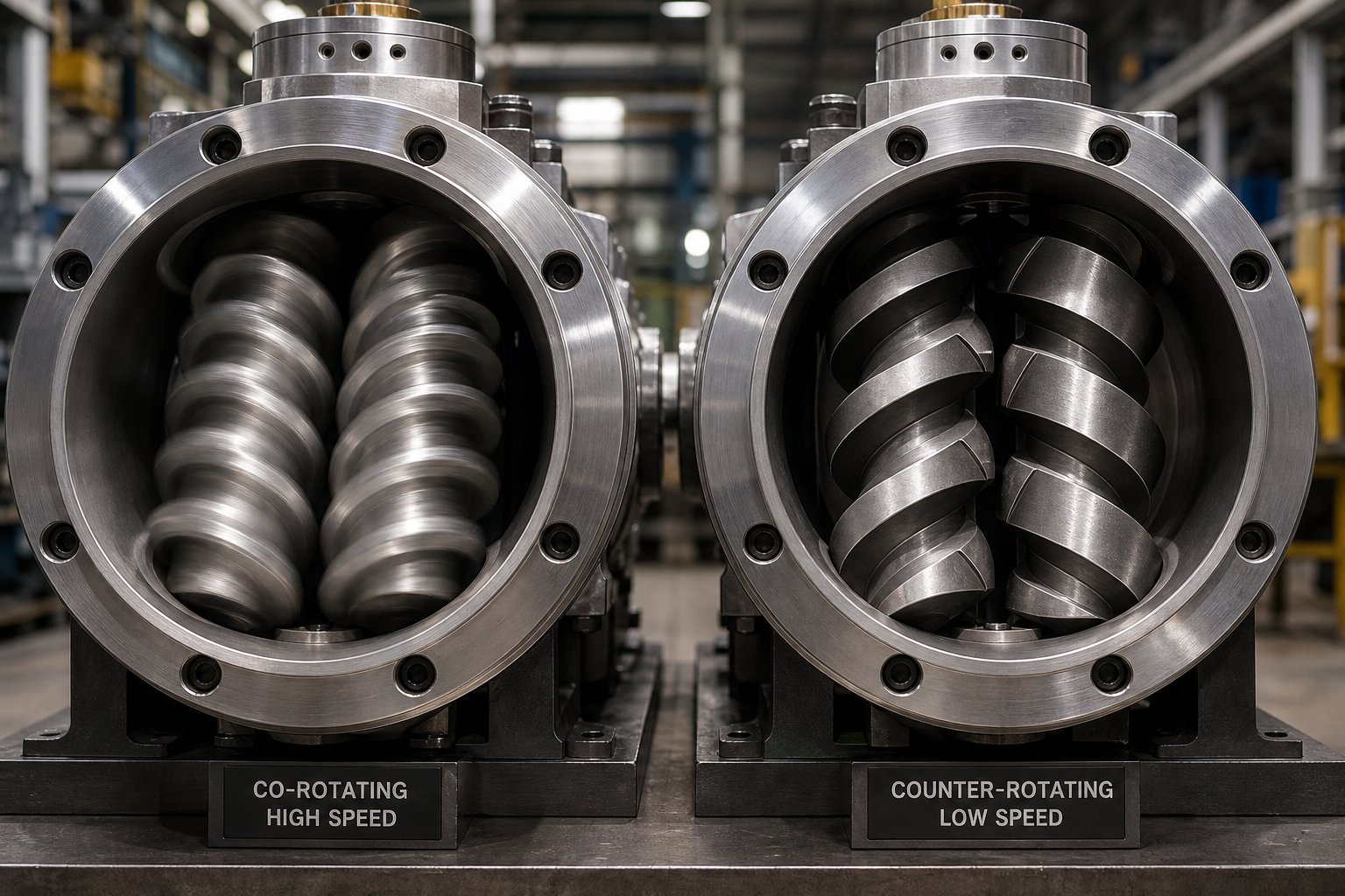 side by side view of co rotating and counter rotating twin screw extruder assemblies highlighting their structural and operational differences
