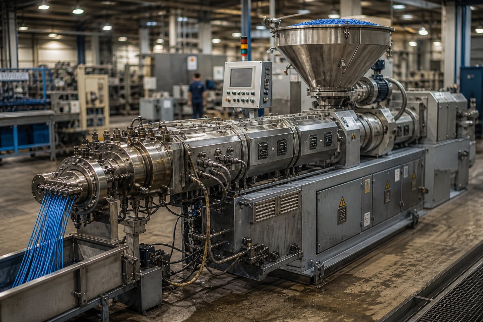 twin screw extruder production line in a compounding plant converting raw polymer and fillers into finished compound strands