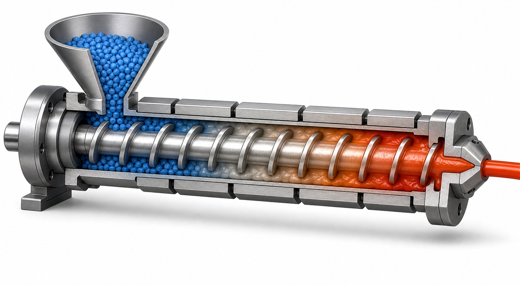 cross section of a single screw extruder showing the feed compression and metering zones