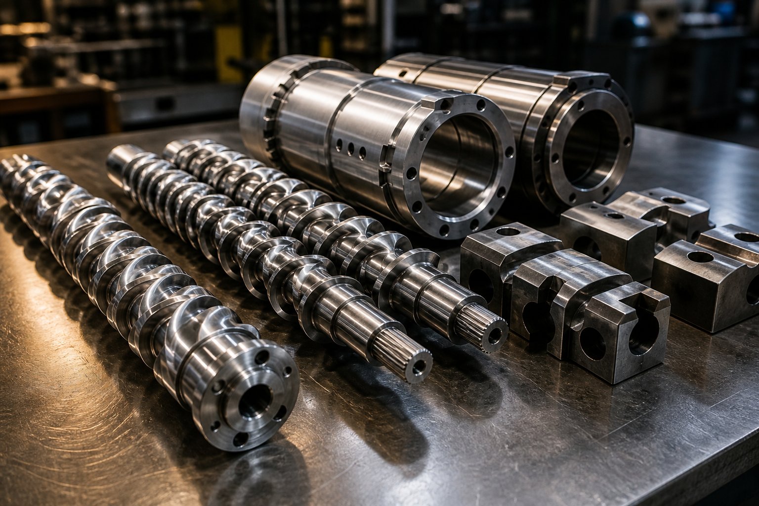 precision engineered screw barrel components including single screw twin screw elements and barrel segments