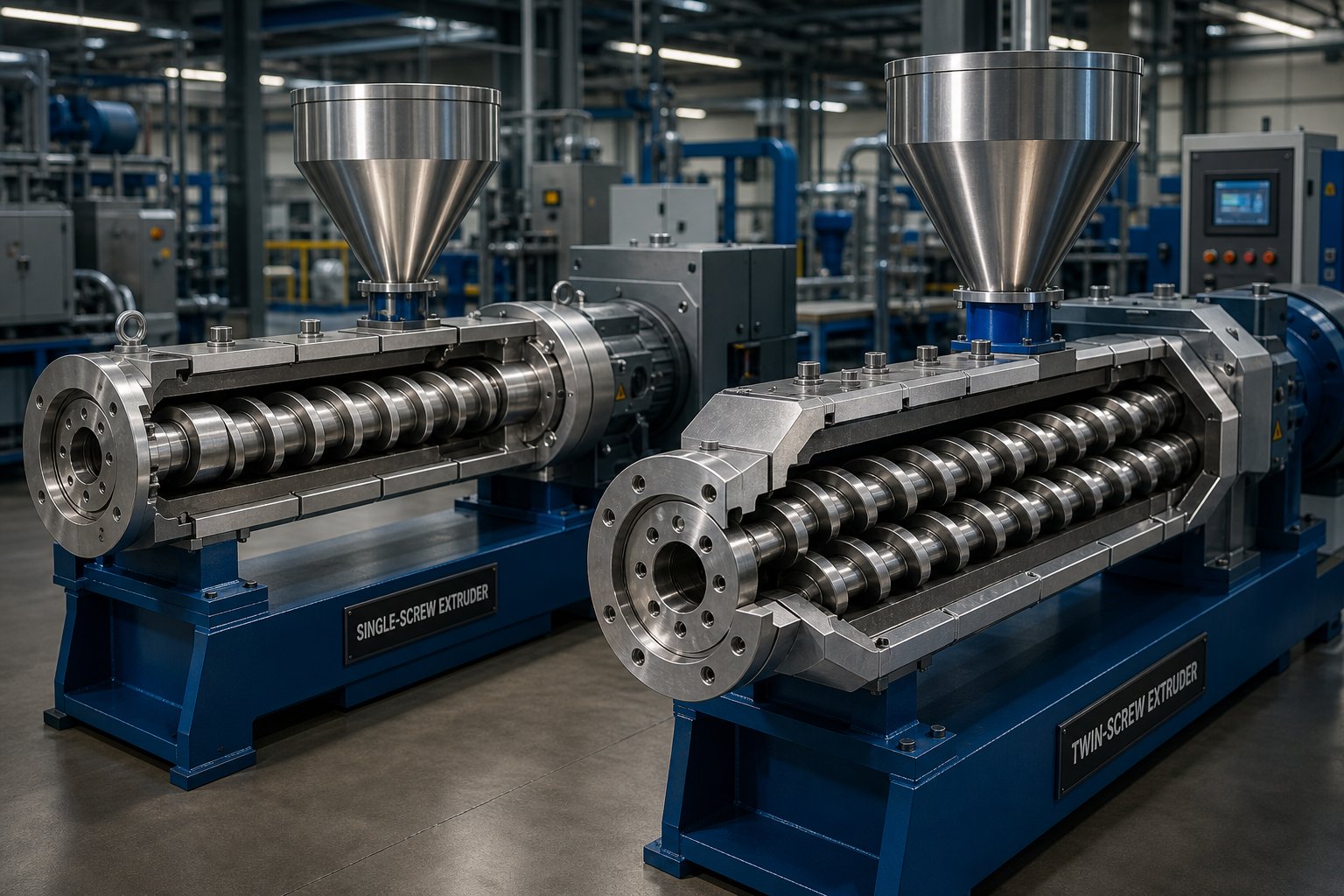 side by side cutaway view of a single screw extruder and a twin screw extruder showing their distinct internal screw mechanisms