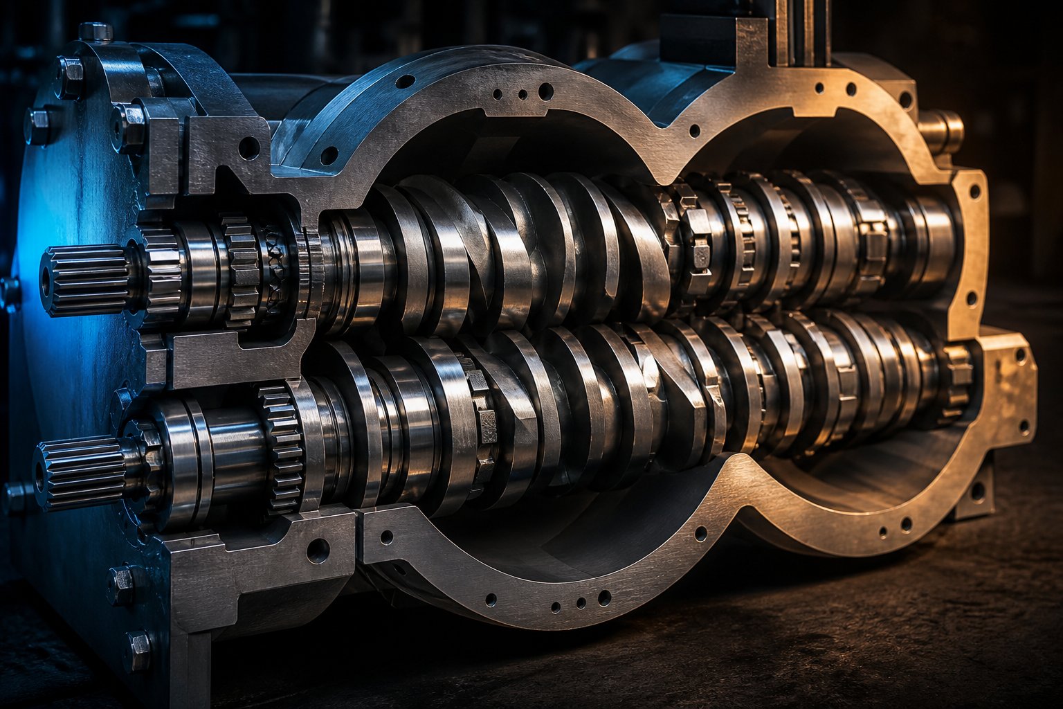 twin screw extruder with modular elements including conveying sections and kneading blocks on splined shafts