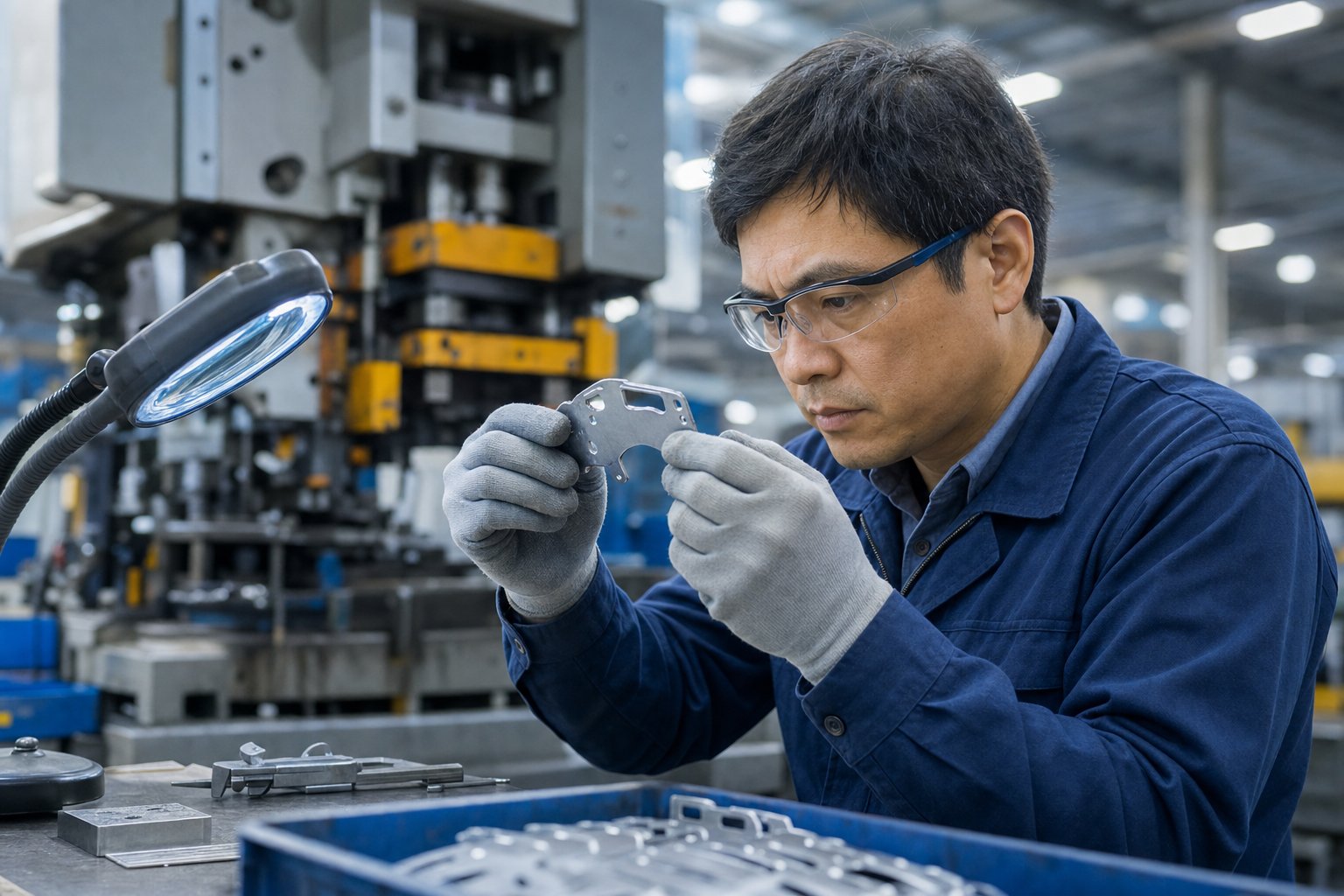 maintenance professional inspecting stamped part edge quality for burr formation and wear indicators at the press