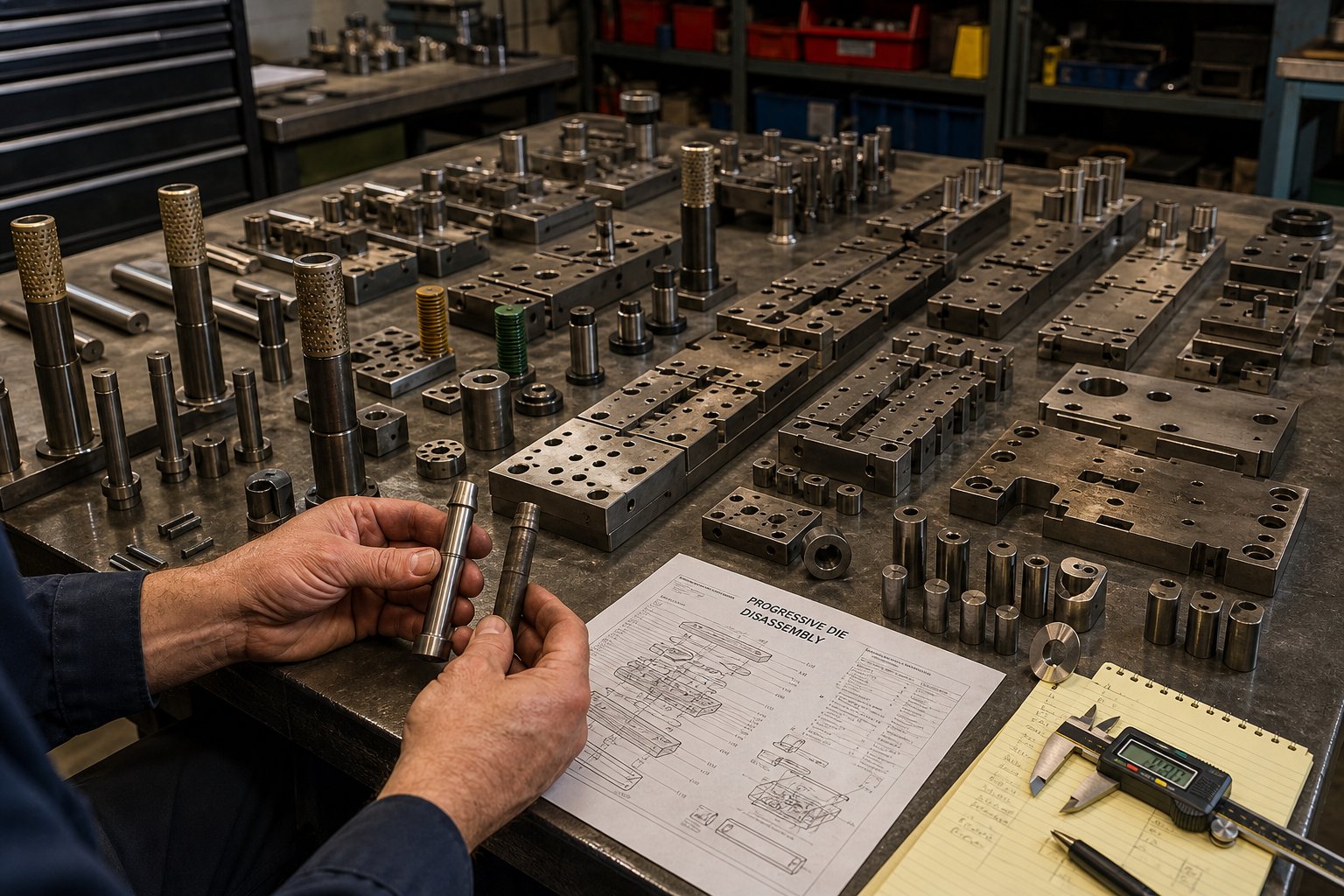 progressive die disassembled for component inspection during the repair versus replace evaluation process