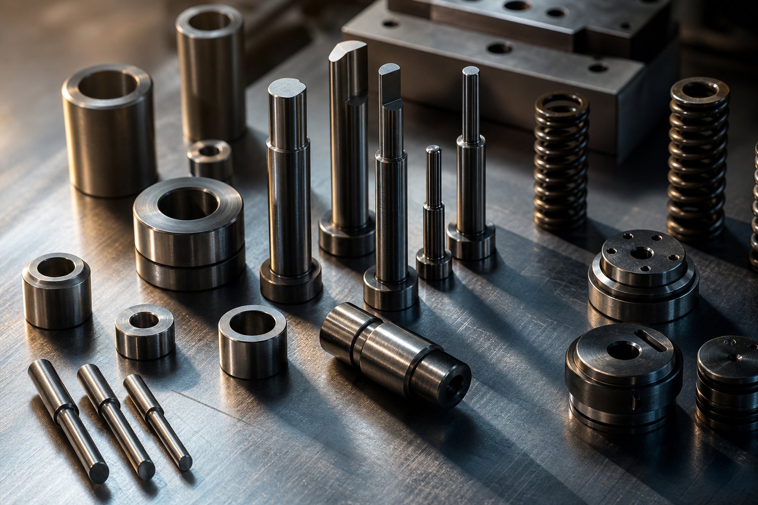 stamping die replacement parts including punches die buttons guide pins and springs arranged for inspection before installation