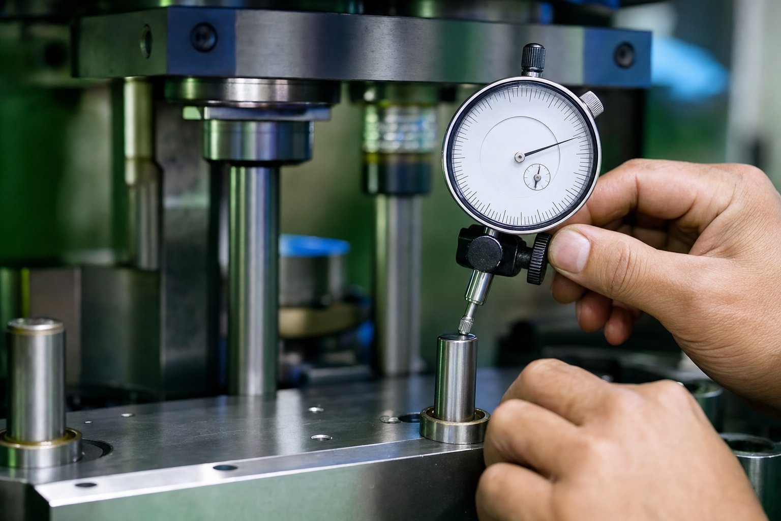 verifying guide pin clearance with a dial indicator during post installation dimensional check on a stamping die