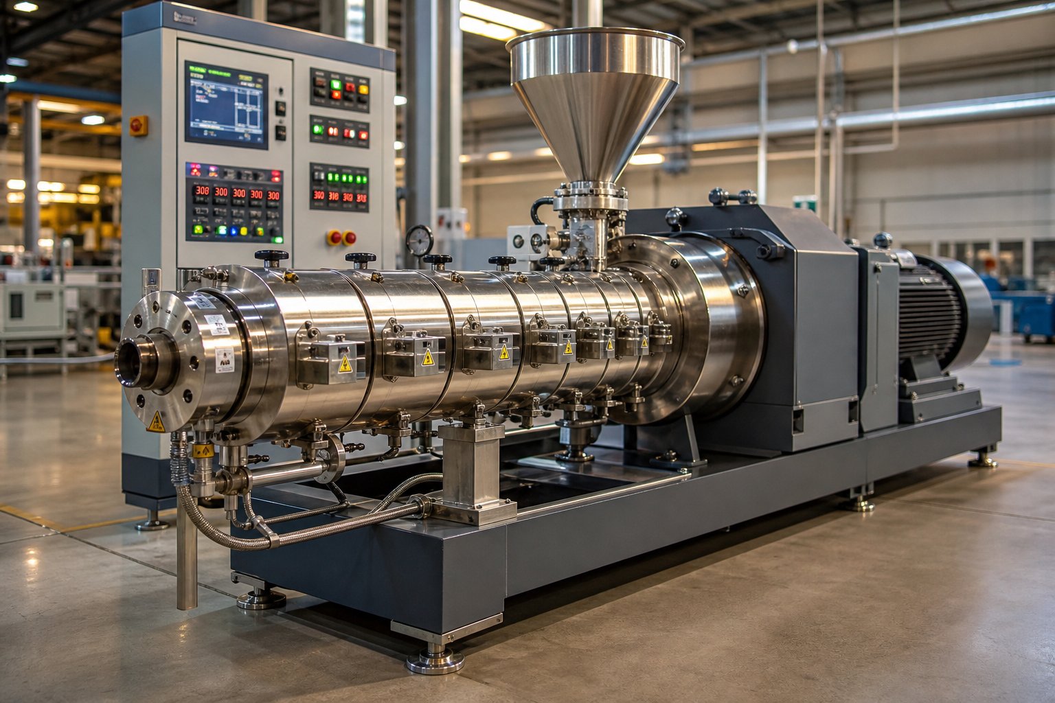 a modern twin screw extruder configured for polymer compounding with modular barrel sections and digital process controls