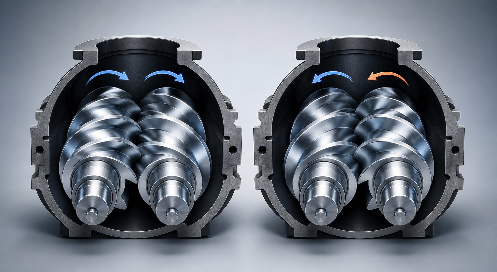 cross section comparison of co rotating and counter rotating twin screw configurations inside a barrel