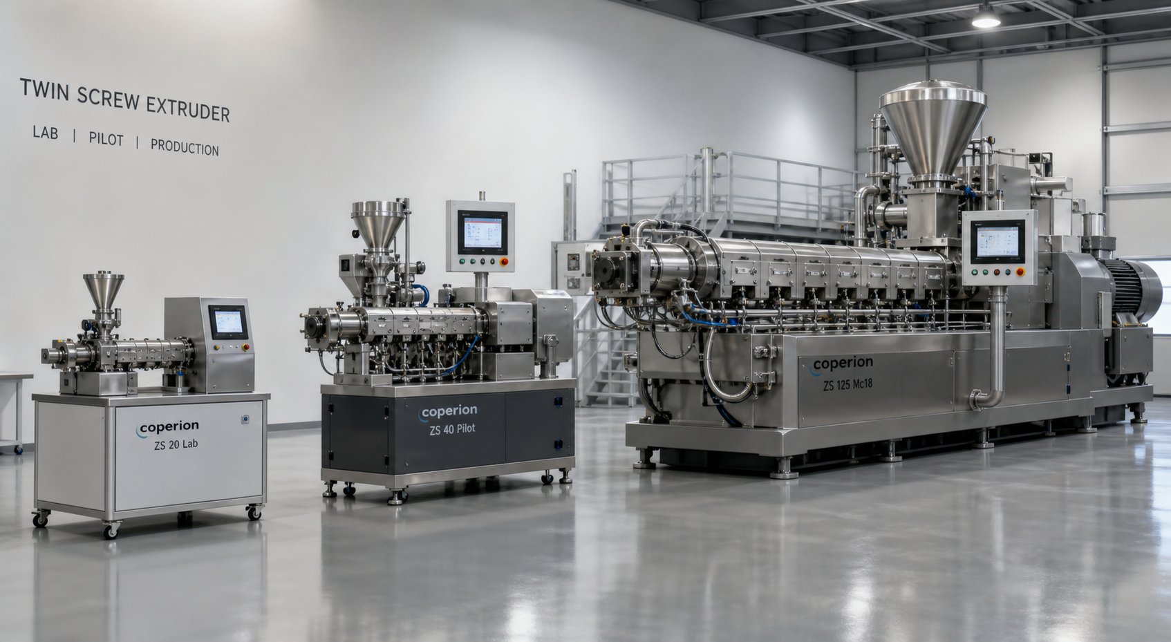 scale up progression from a laboratory twin screw extruder to pilot and full production systems