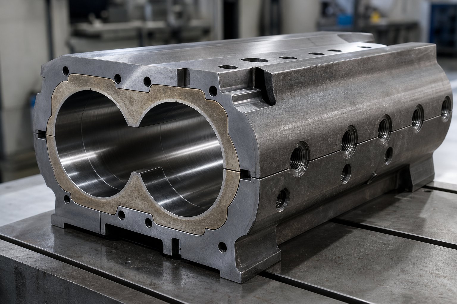 sectioned twin screw barrel segment showing the wear resistant bimetallic liner and cooling channel design