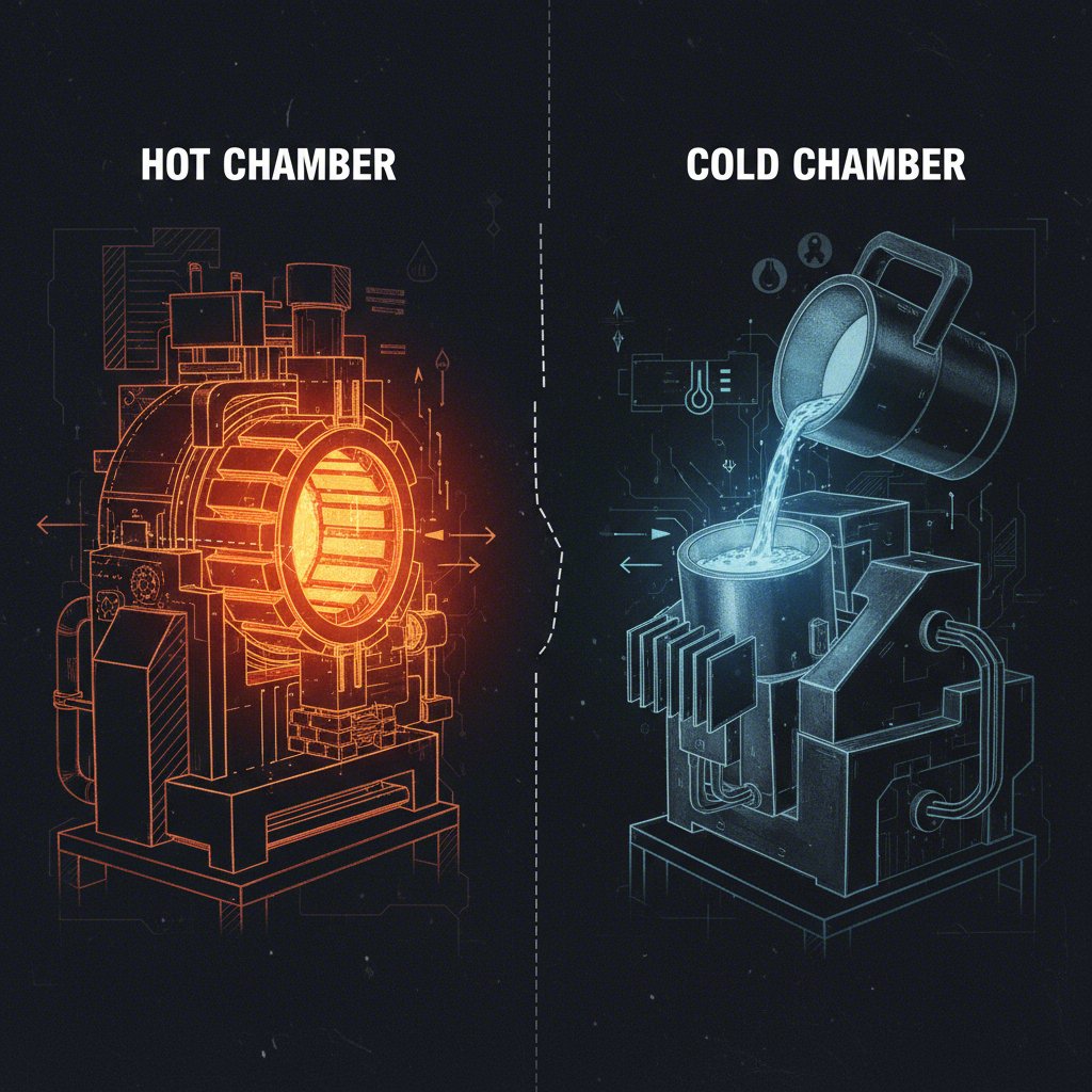 a schematic comparison of the internal furnace in hot chamber vs the external furnace in cold chamber die casting